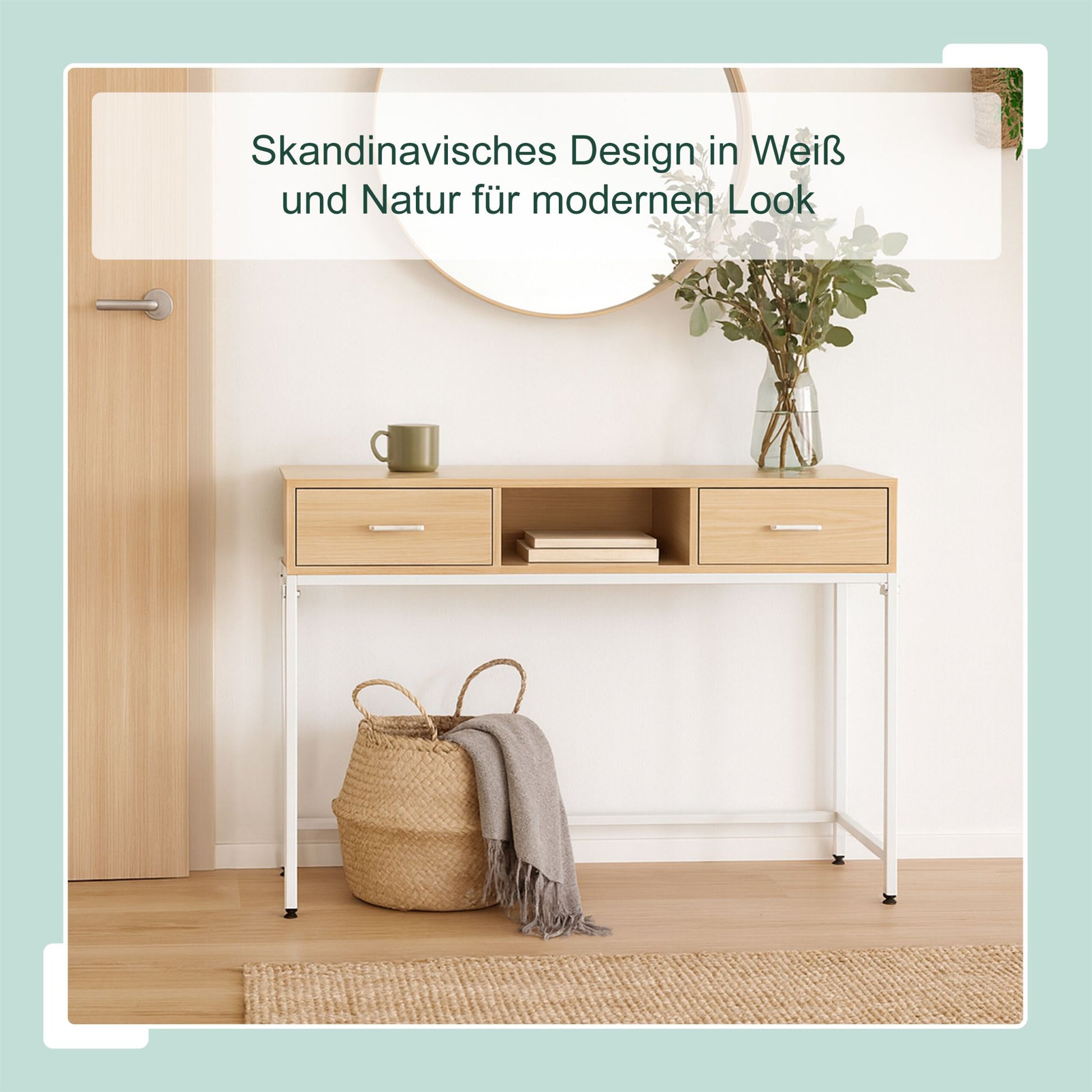 Konsolentisch 2 Schubladen offenes Fach Weiss-Hellbraun von Relaxdays