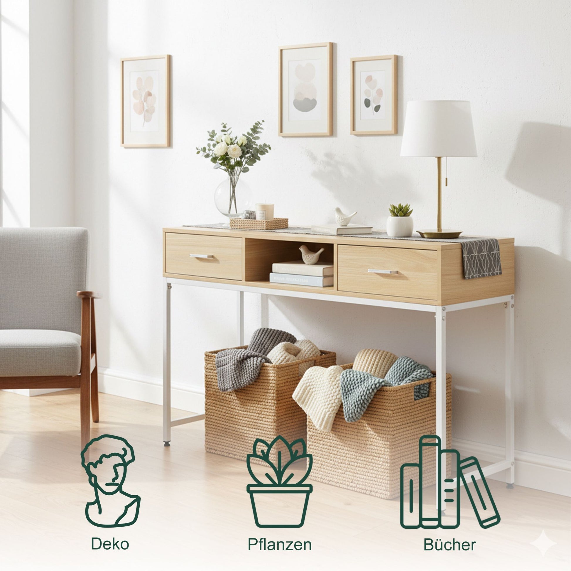 Konsolentisch 2 Schubladen offenes Fach Weiss-Hellbraun von Relaxdays