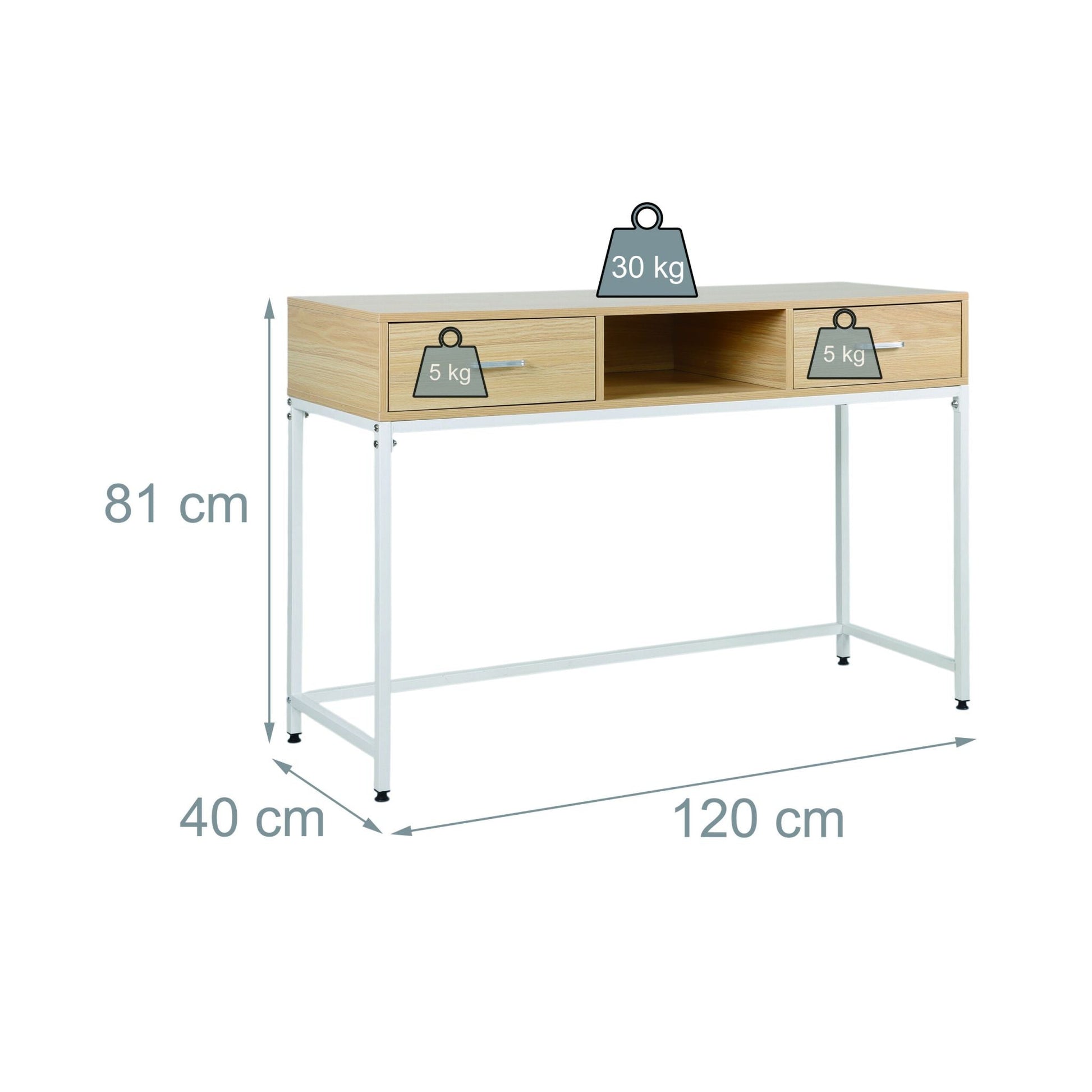 Konsolentisch 2 Schubladen offenes Fach Weiss-Hellbraun von Relaxdays