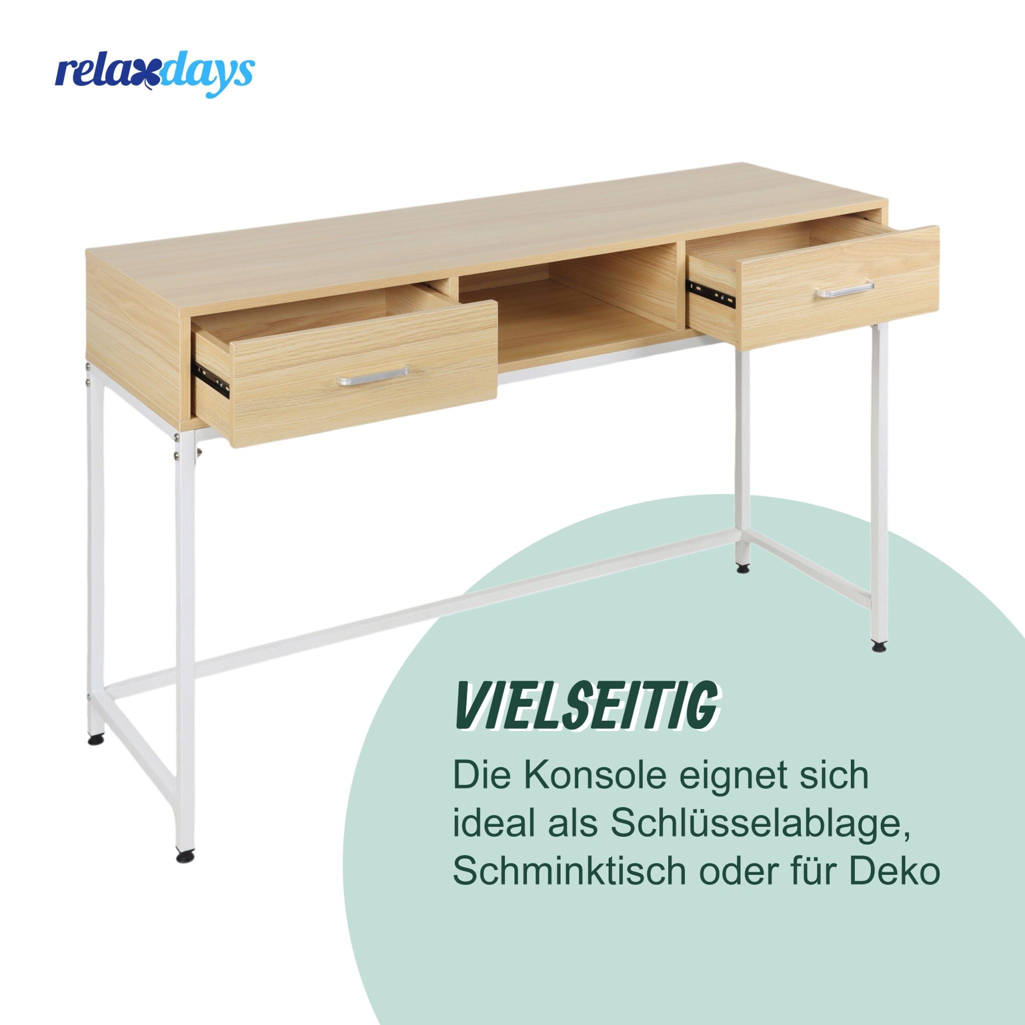 Konsolentisch 2 Schubladen offenes Fach Weiss-Hellbraun von Relaxdays
