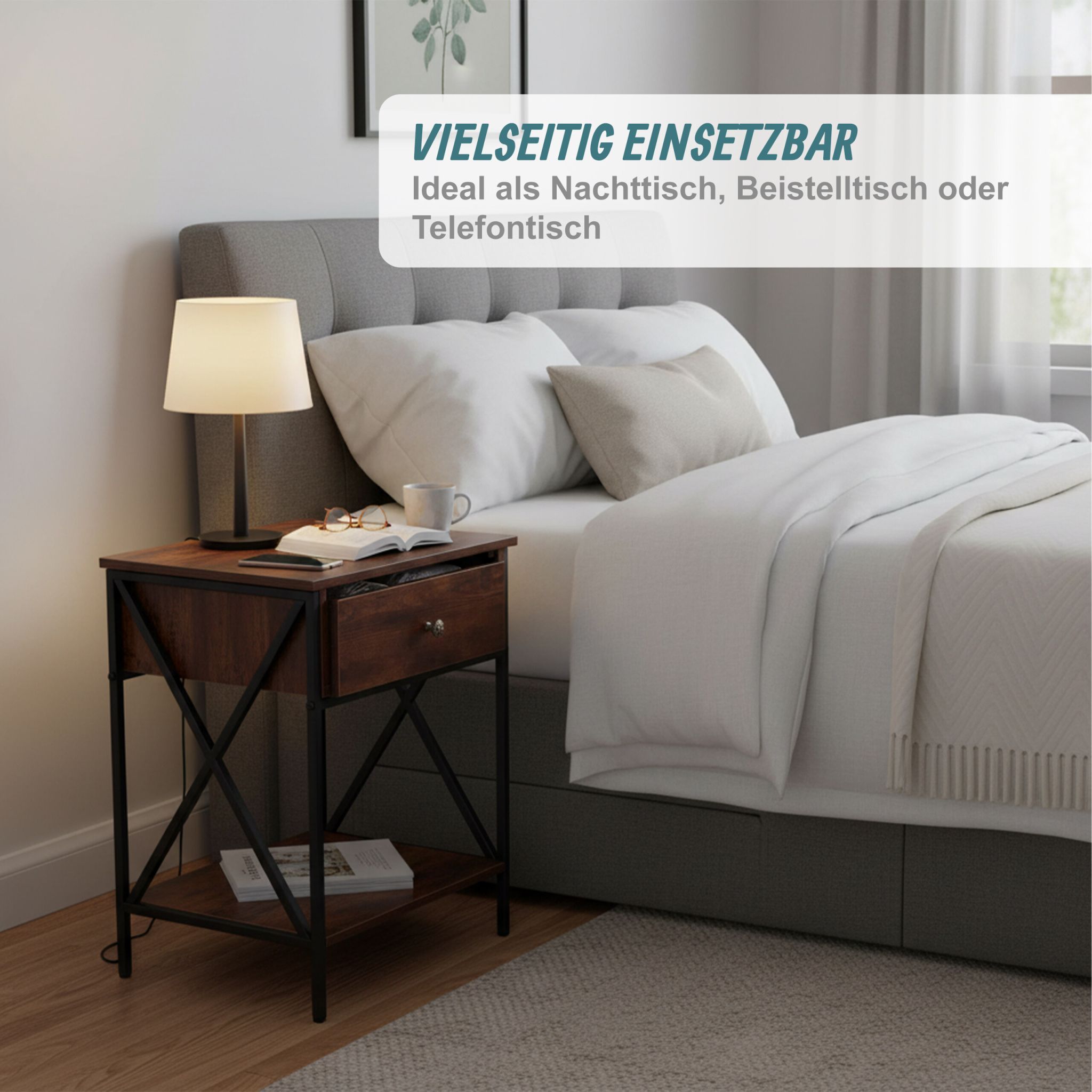 Industrial Nachttisch Schublade & Ablage Dunkelbraun-Schwarz von Relaxdays