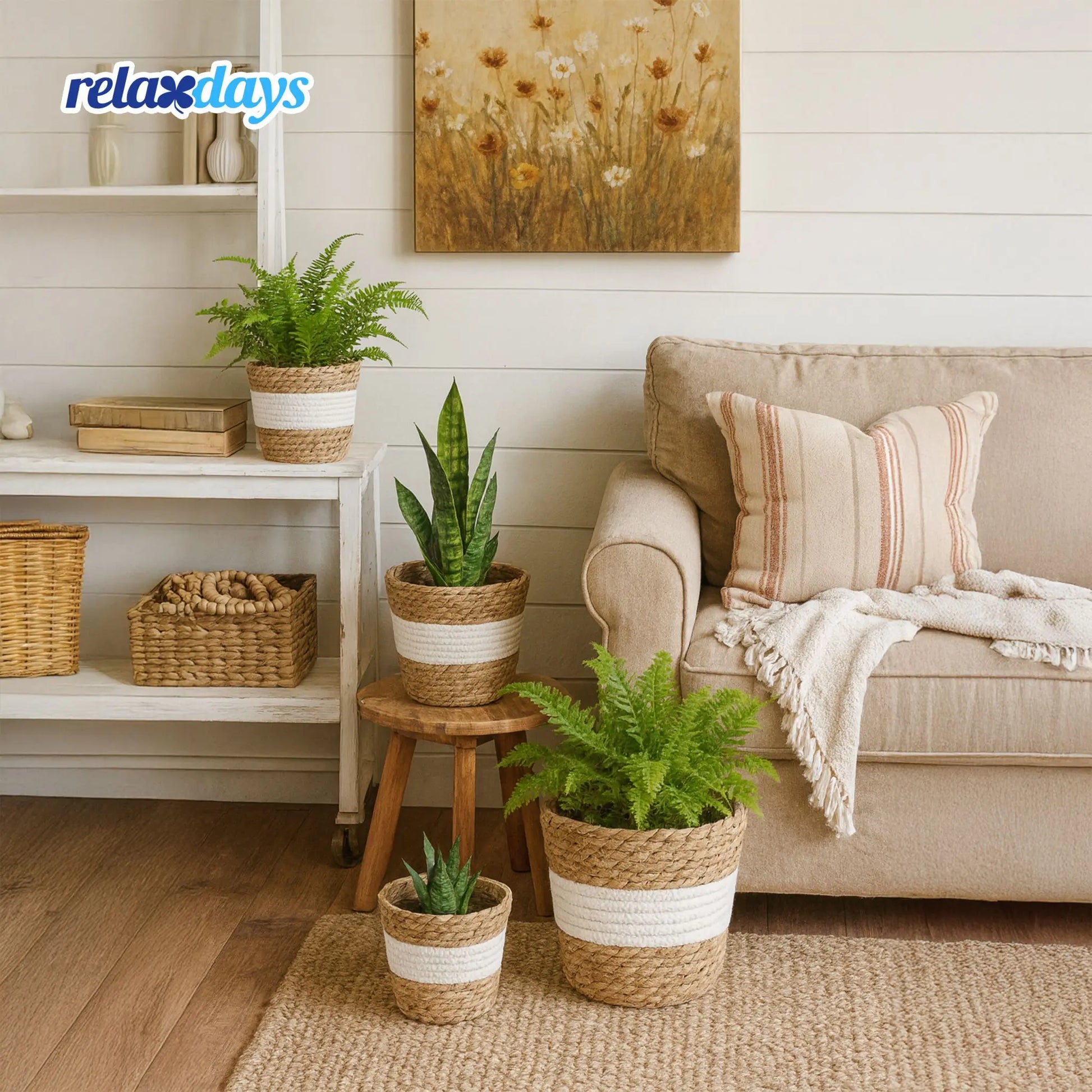 Runder Blumentopf 3er-Set Weiss-Hellbraun von Relaxdays