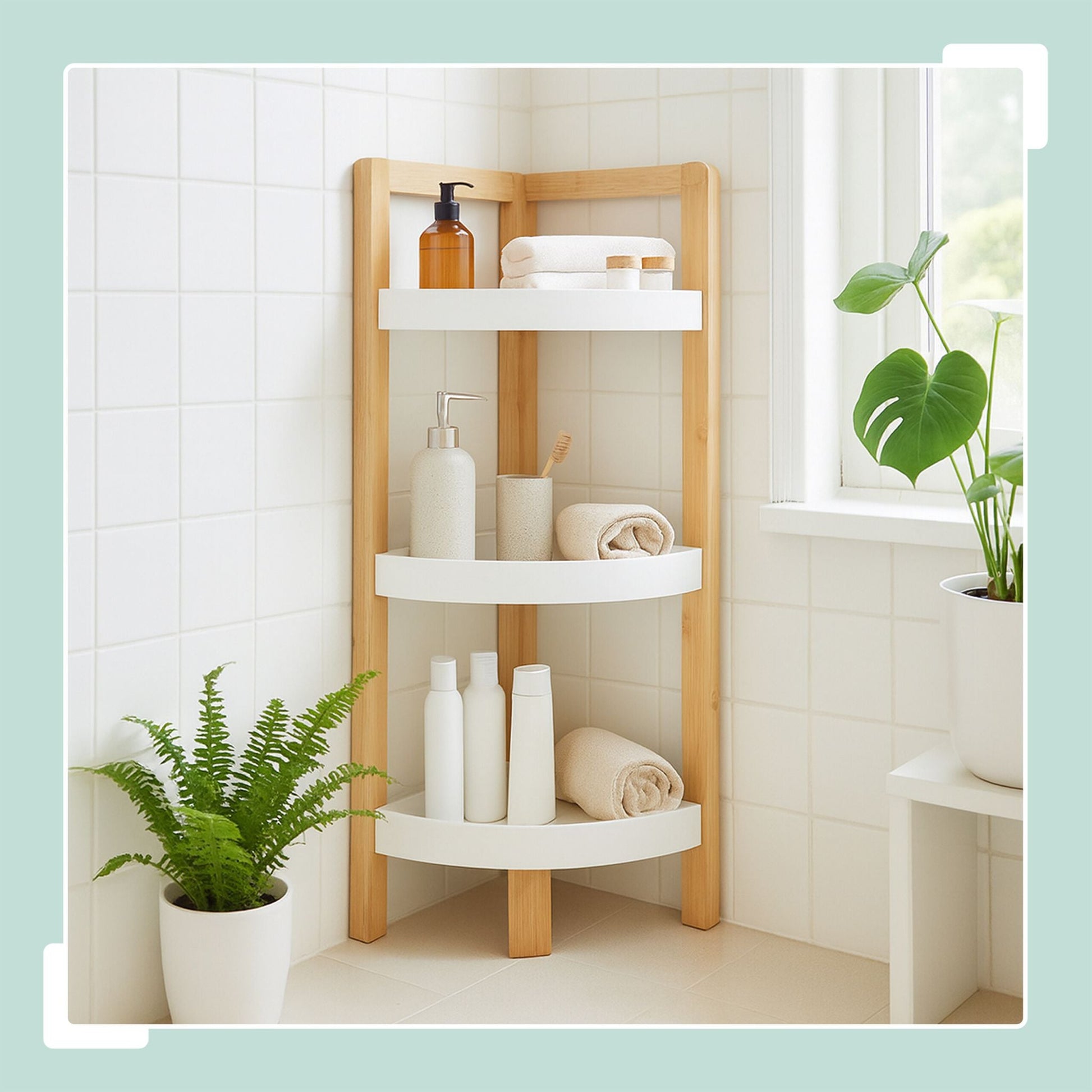 Eckregal mit Ablagen Bambus Weiss-Hellbraun von Relaxdays