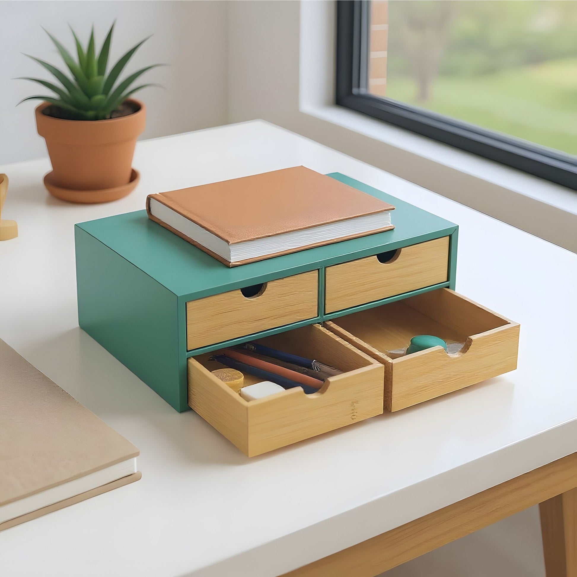 Schreibtisch Organizer 4 Schubladen Hellbraun-Türkis von Relaxdays