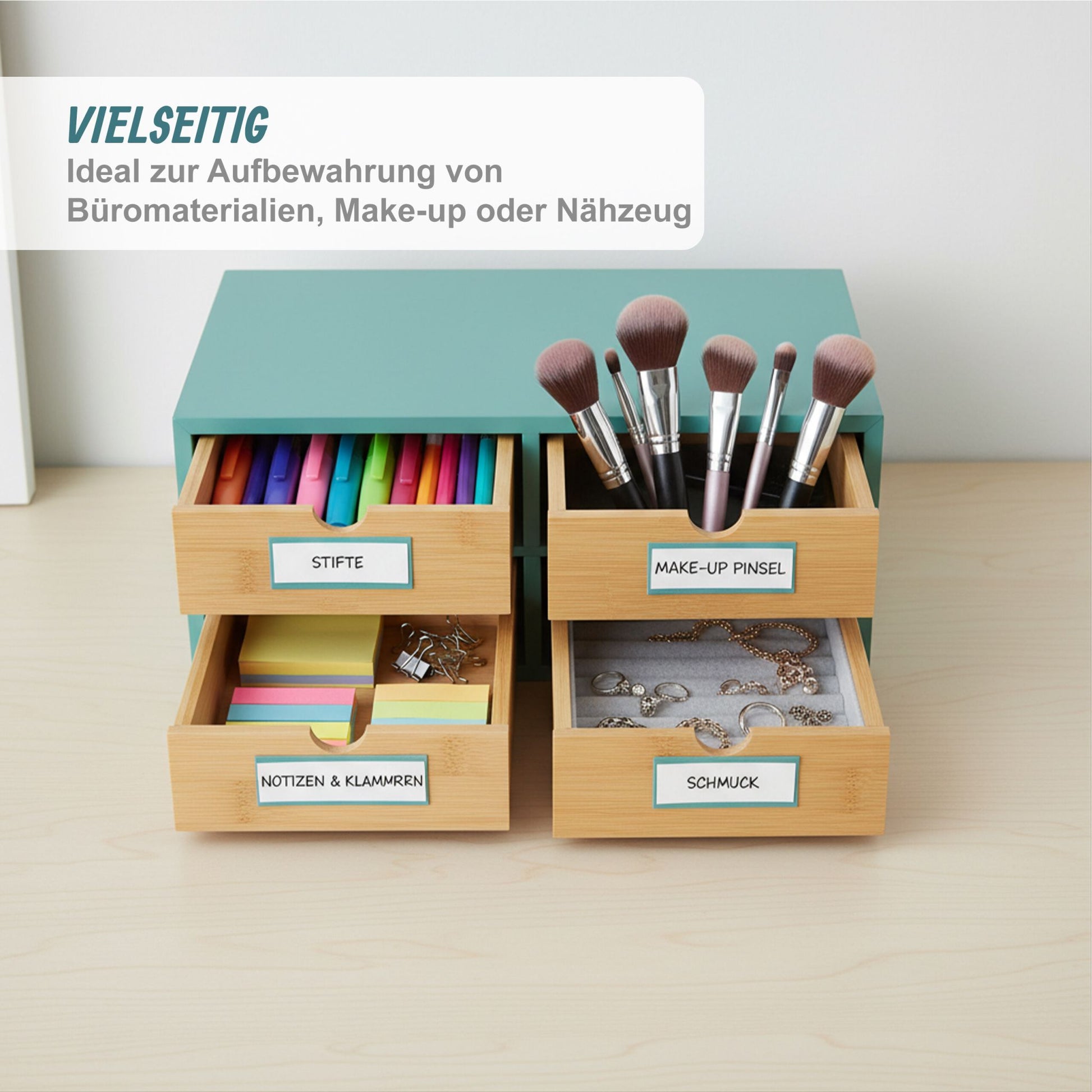 Schreibtisch Organizer 4 Schubladen Hellbraun-Türkis von Relaxdays