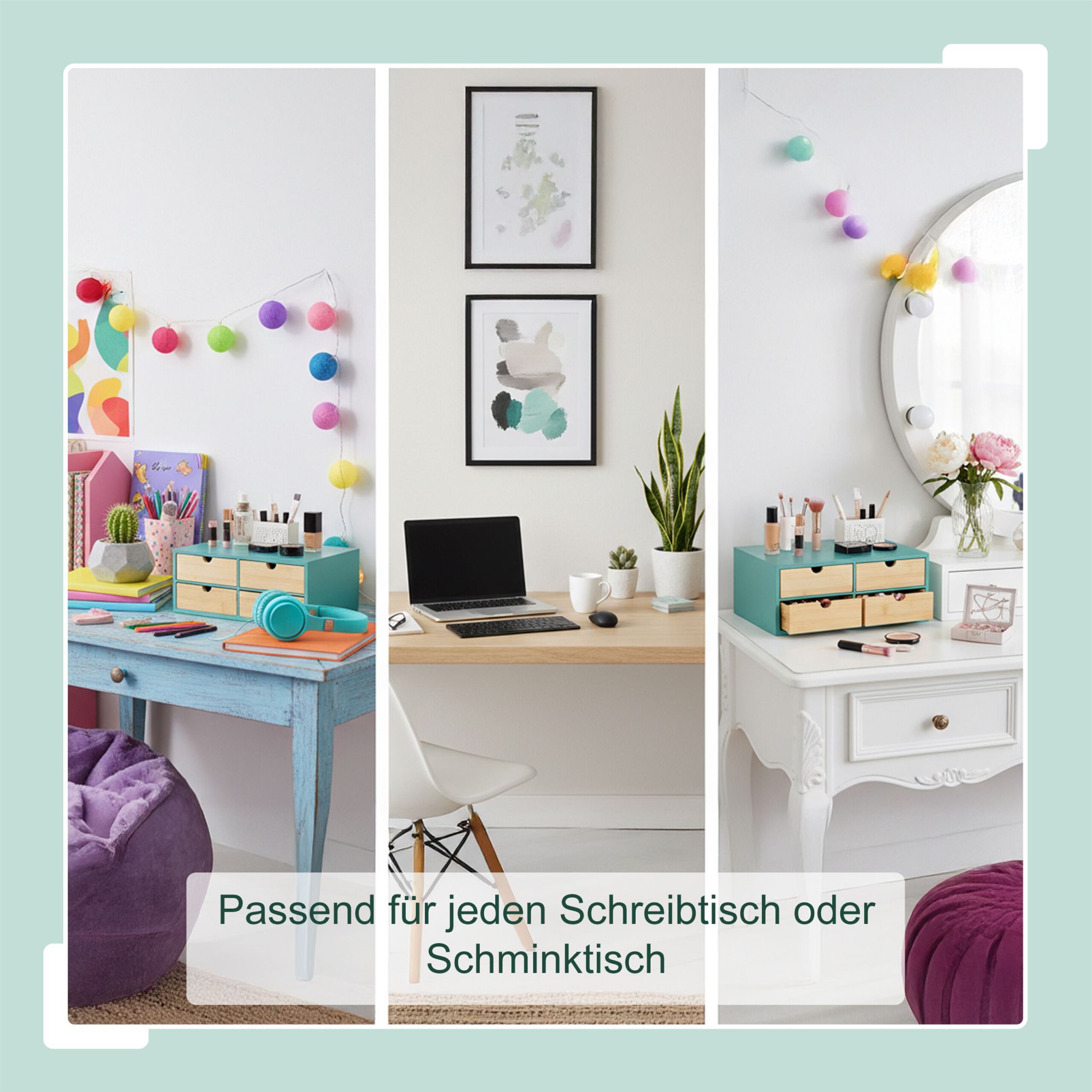 Schreibtisch Organizer 4 Schubladen Hellbraun-Türkis von Relaxdays