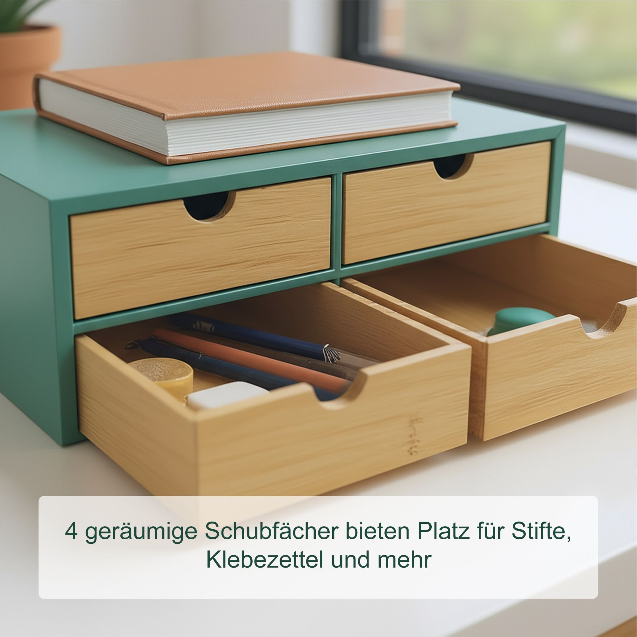 Schreibtisch Organizer 4 Schubladen Hellbraun-Türkis von Relaxdays