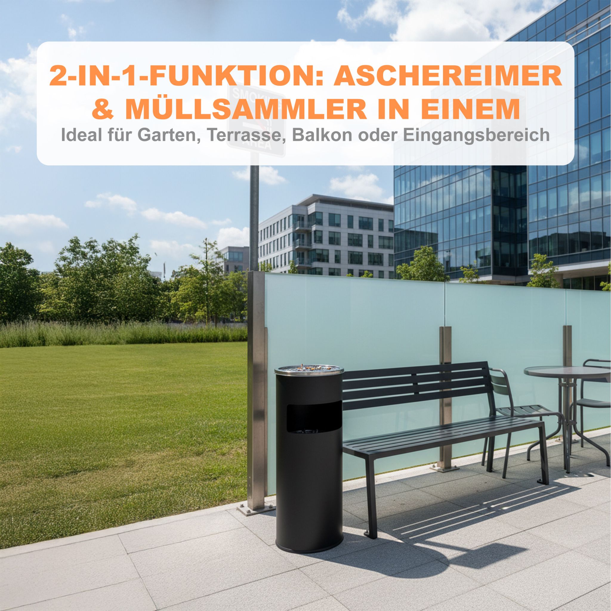Standaschenbecher mit Inneneimer 17L Schwarz-Silber von Relaxdays