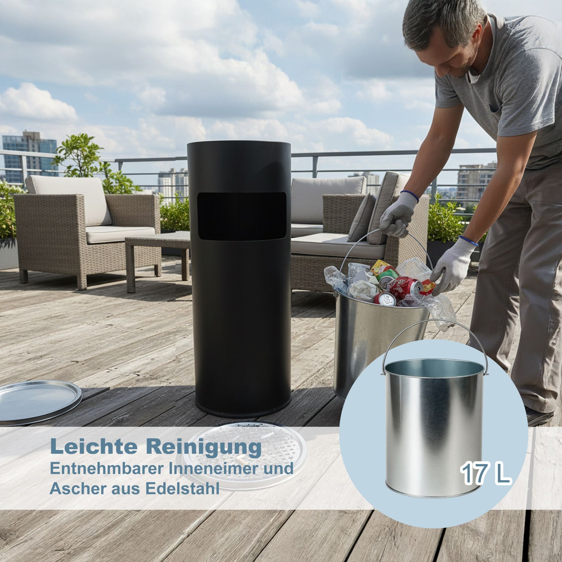 Standaschenbecher mit Inneneimer 17L Schwarz-Silber von Relaxdays