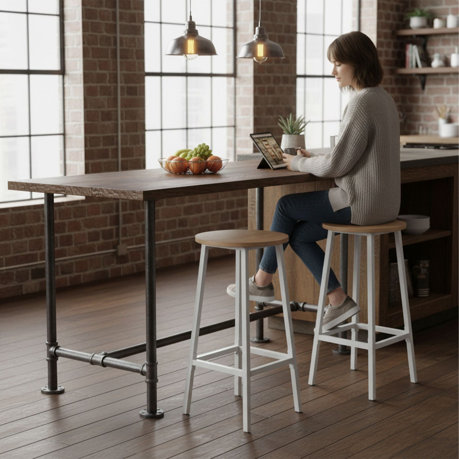 Barhocker 2er-Set Weiss-Hellbraun von Relaxdays