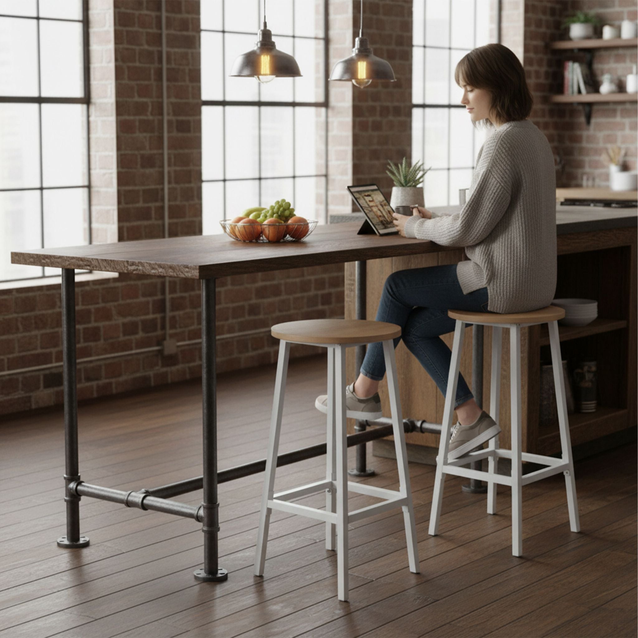 Barhocker 2er-Set Weiss-Hellbraun von Relaxdays