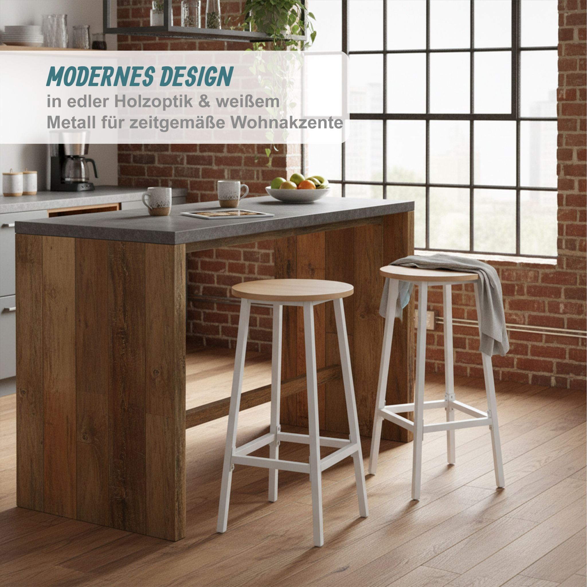 Barhocker 2er-Set Weiss-Hellbraun von Relaxdays