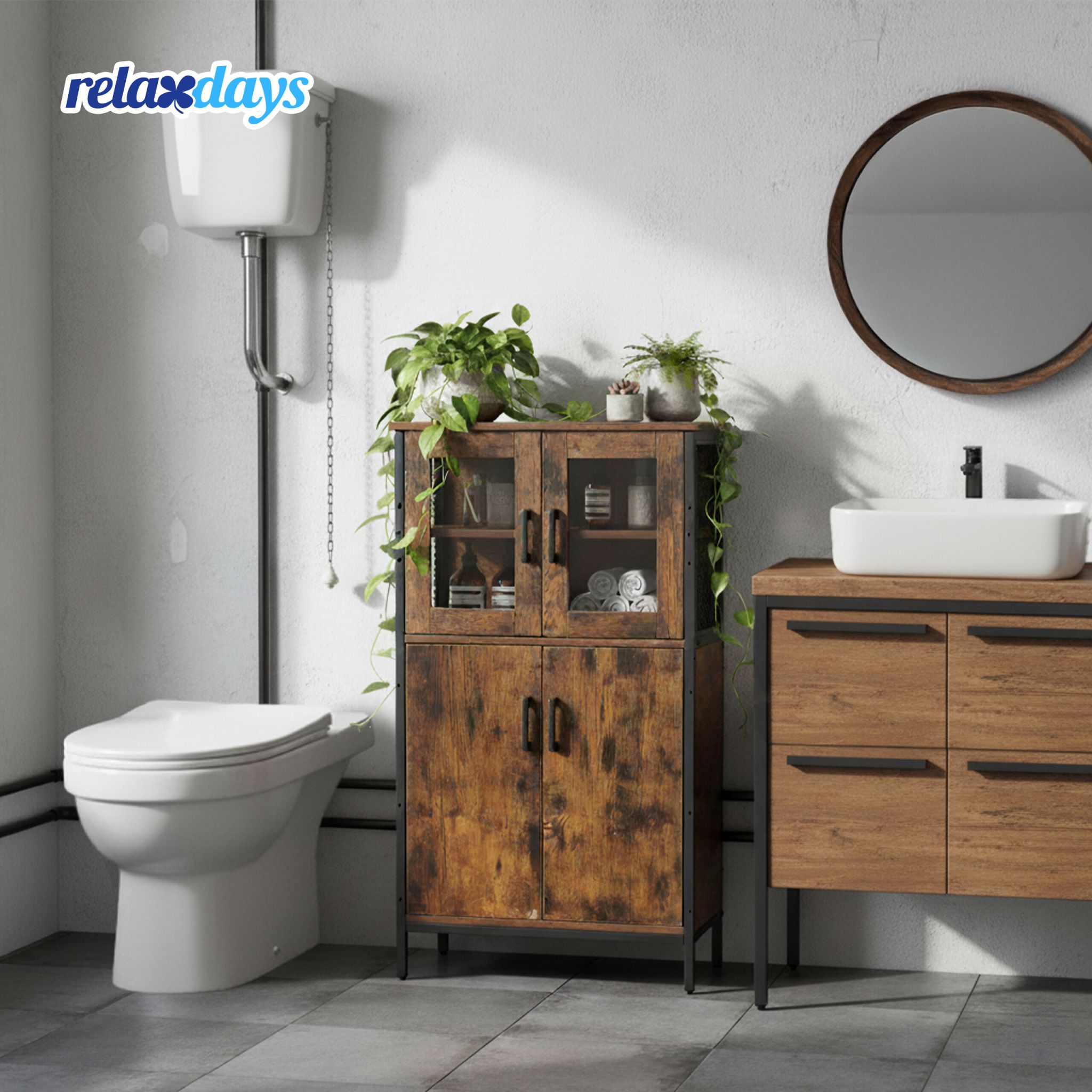 Küchenschrank Industrial mit Glastüren Braun-Schwarz von Relaxdays