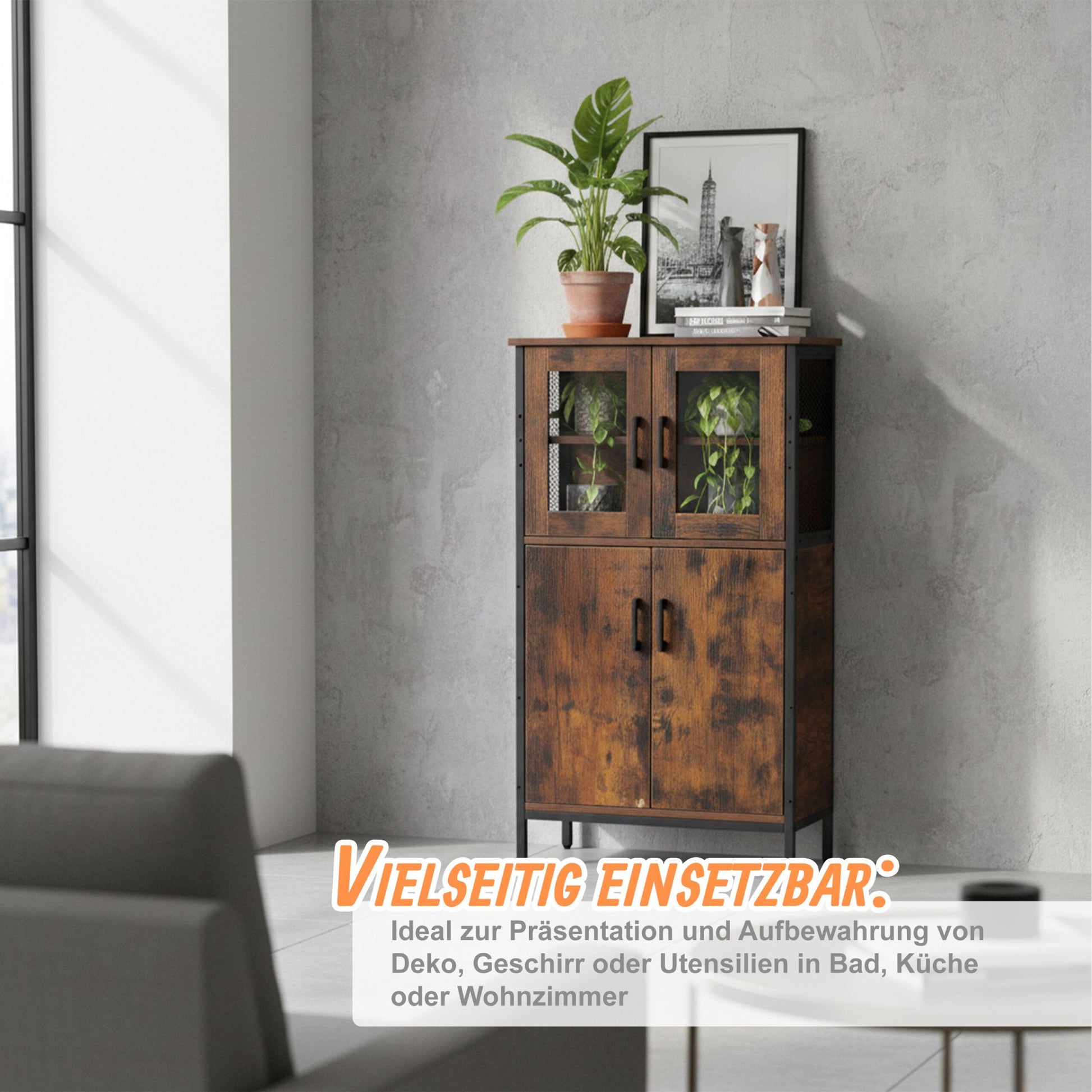 Küchenschrank Industrial mit Glastüren Braun-Schwarz von Relaxdays
