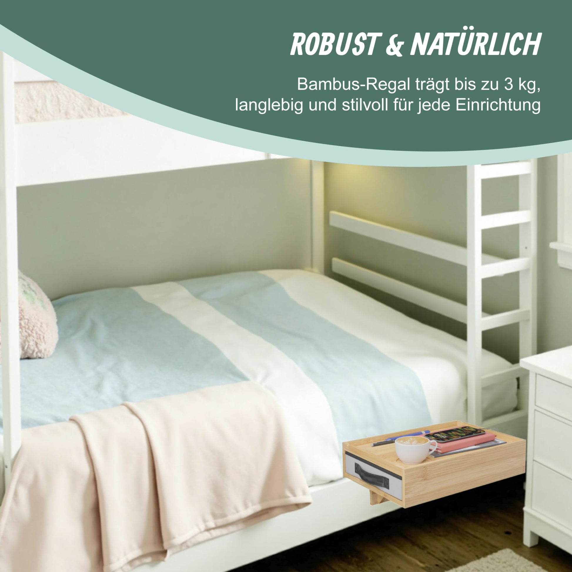 Klemmbarer Nachttisch Bambus 2er-Set Weiss-Schwarz-Grau von Relaxdays