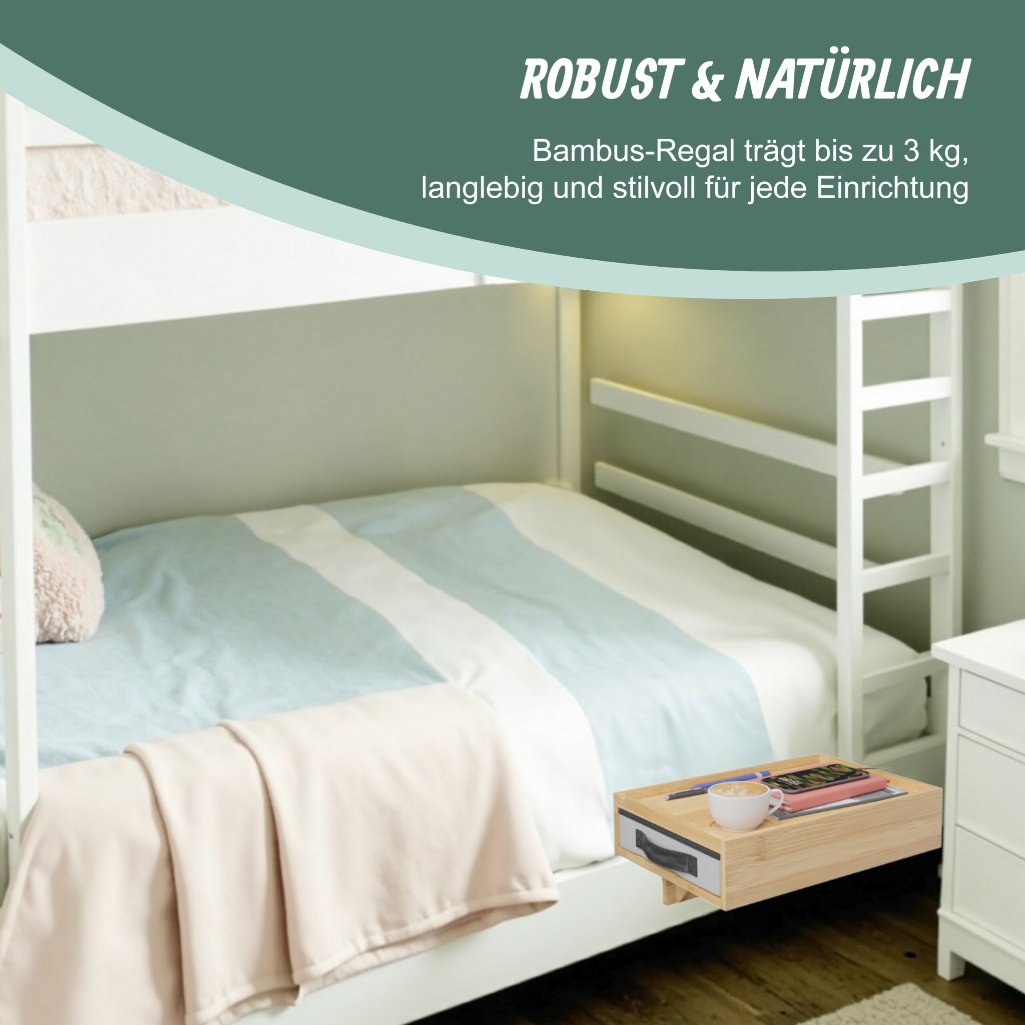 Klemmbarer Nachttisch Bambus 2er-Set Weiss-Schwarz-Grau von Relaxdays