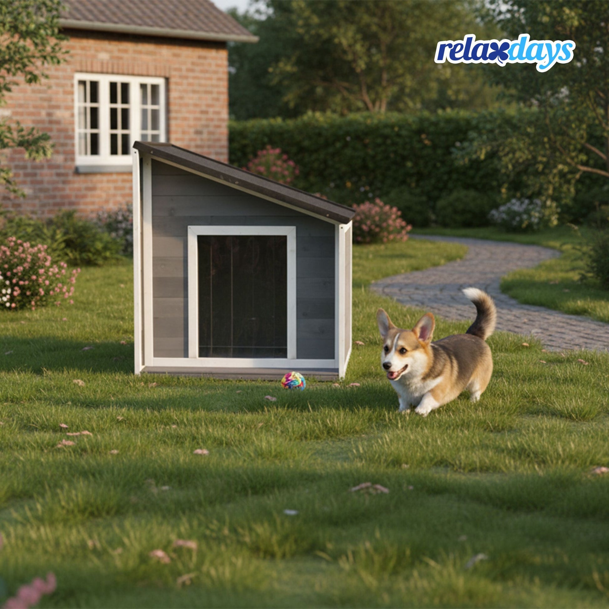 Hundehütte mit klappbarem Schrägdach Anthrazit-Weiss-Grau von Relaxdays