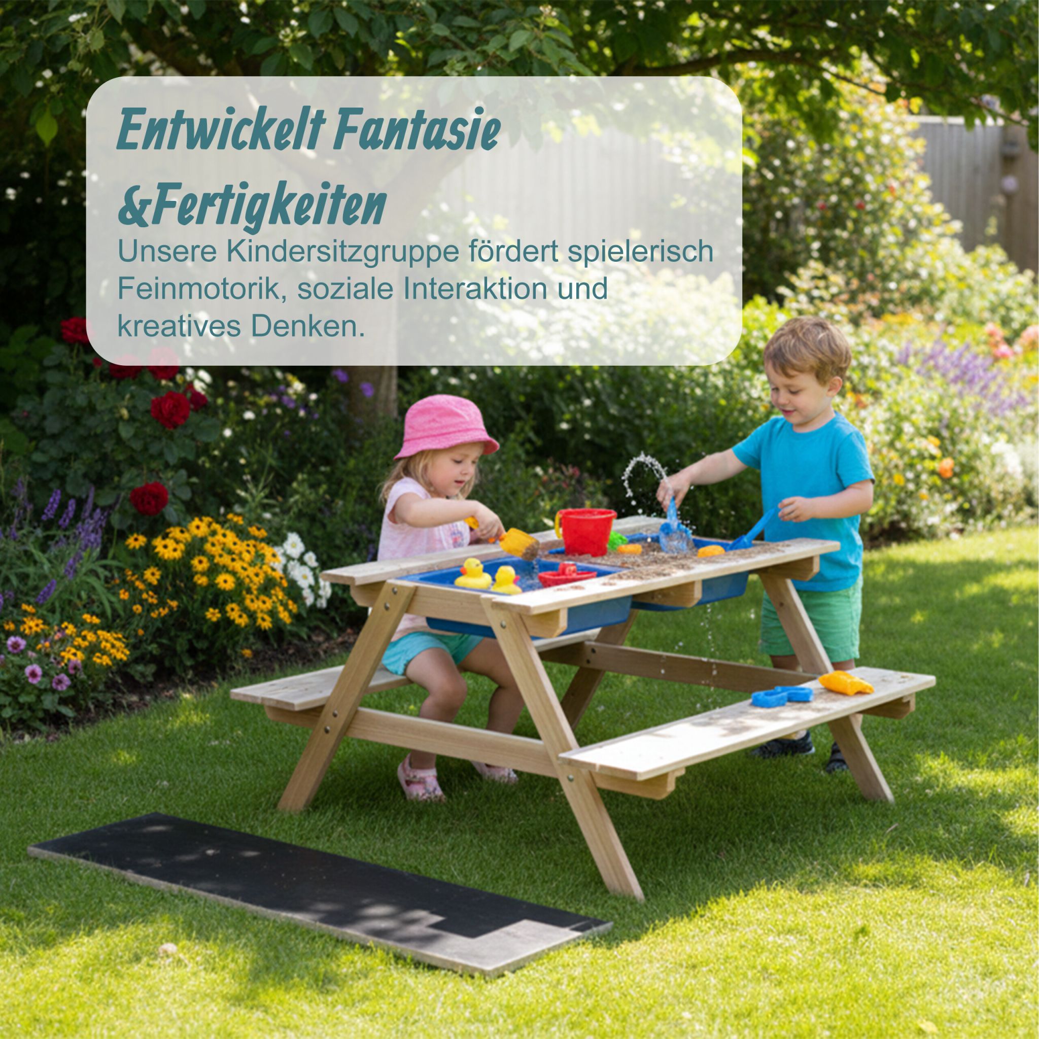 Kindersitzgruppe mit Matschtisch & Tafel Blau-Hellbraun-Schwarz von Relaxdays