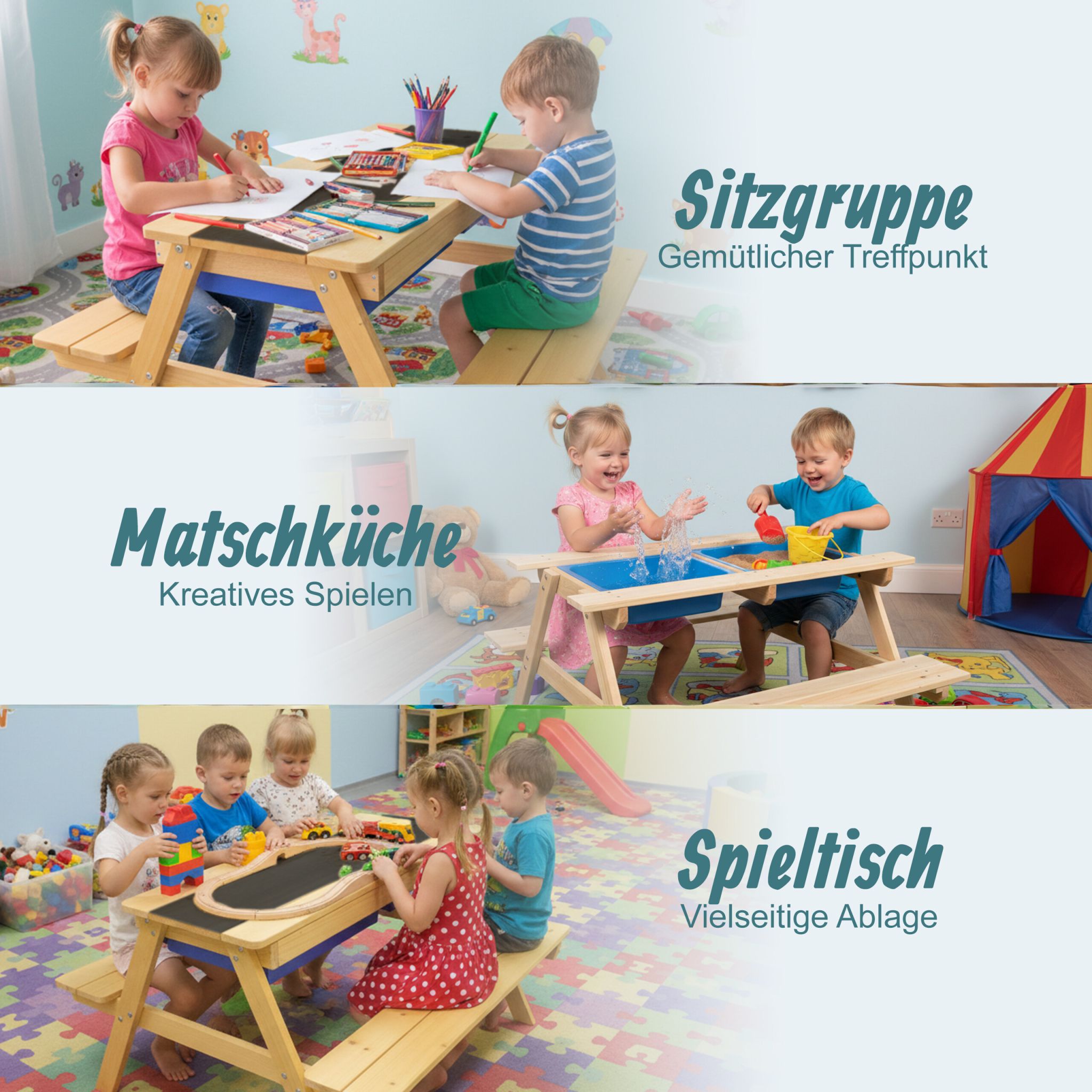 Kindersitzgruppe mit Matschtisch & Tafel Blau-Hellbraun-Schwarz von Relaxdays