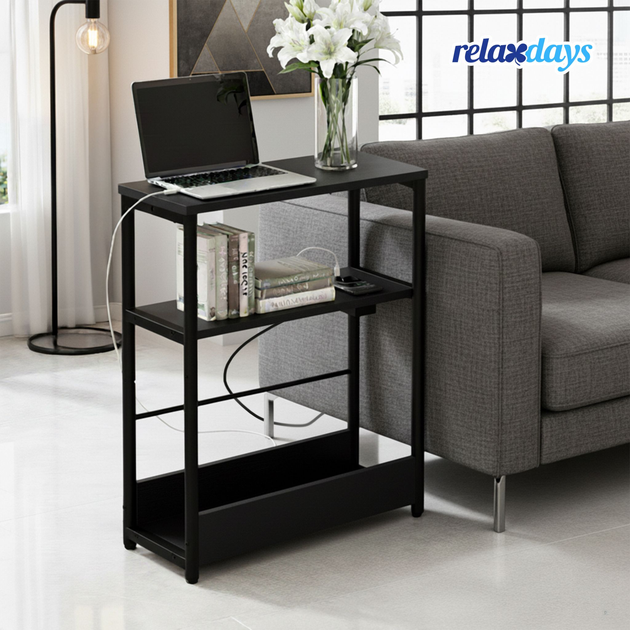 Beistelltisch mit Steckdose & USB Ports Schwarz von Relaxdays
