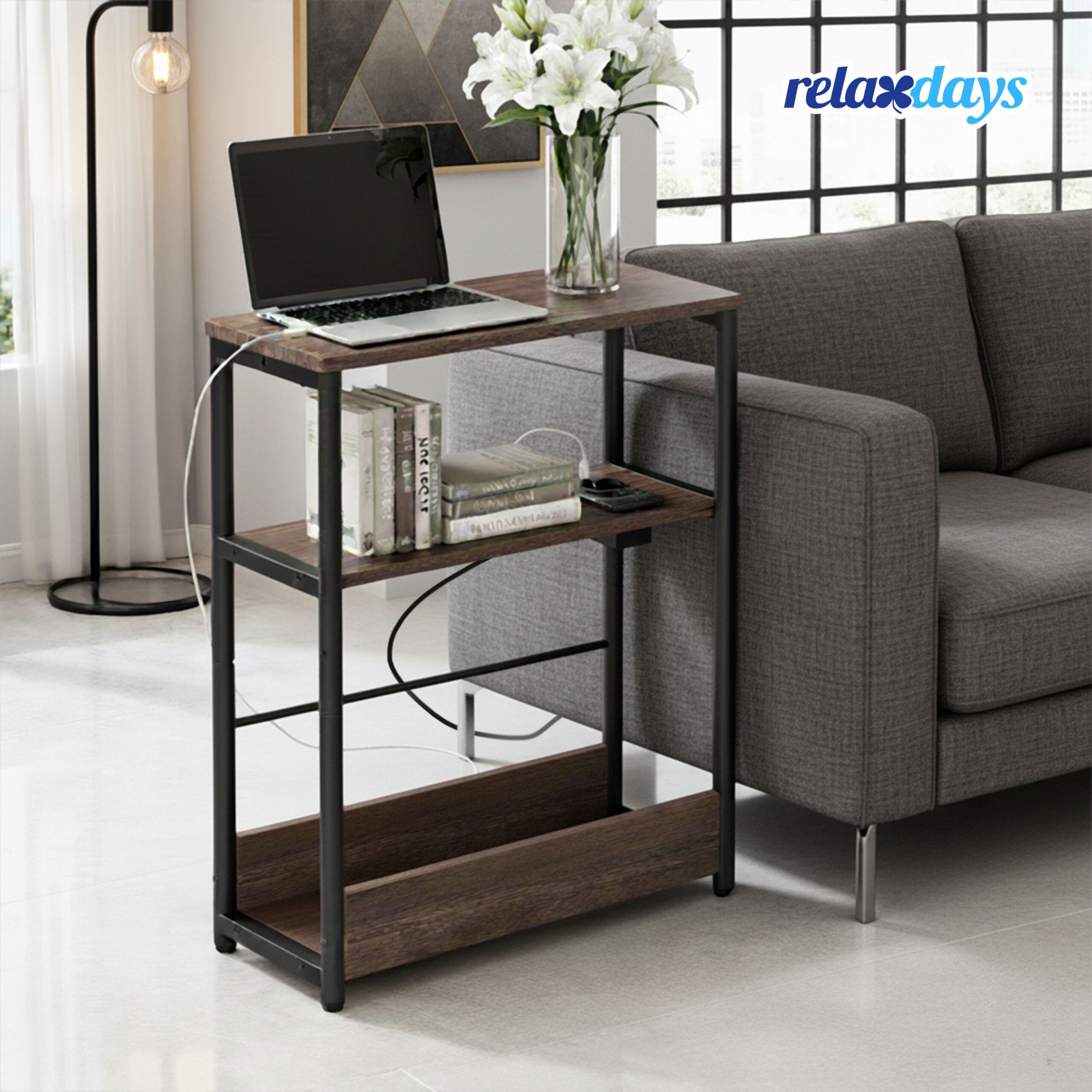 Beistelltisch mit Steckdose & USB Ports Dunkelbraun-Schwarz von Relaxdays