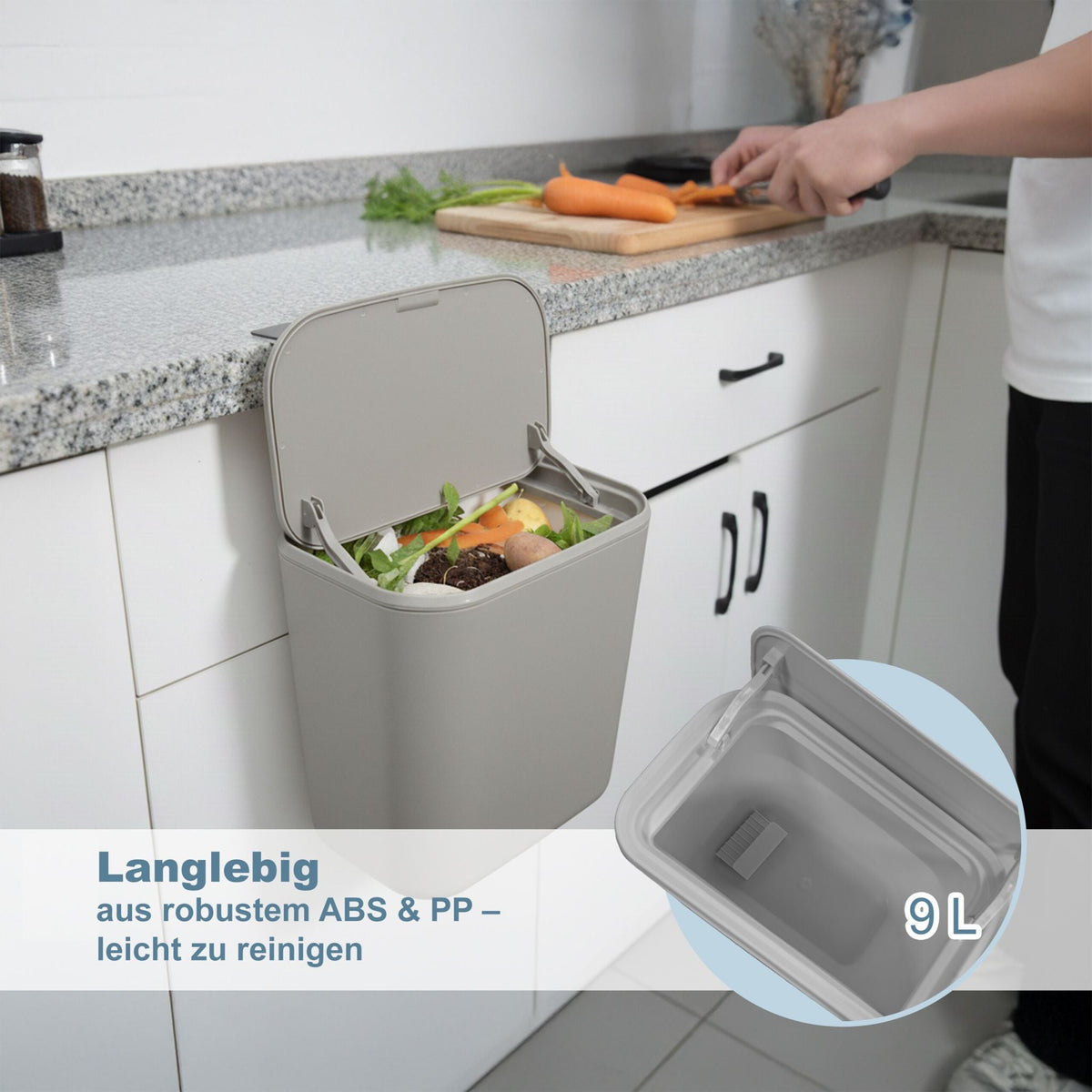 Küchenmülleimer zum Einhängen 9L Grau von Relaxdays