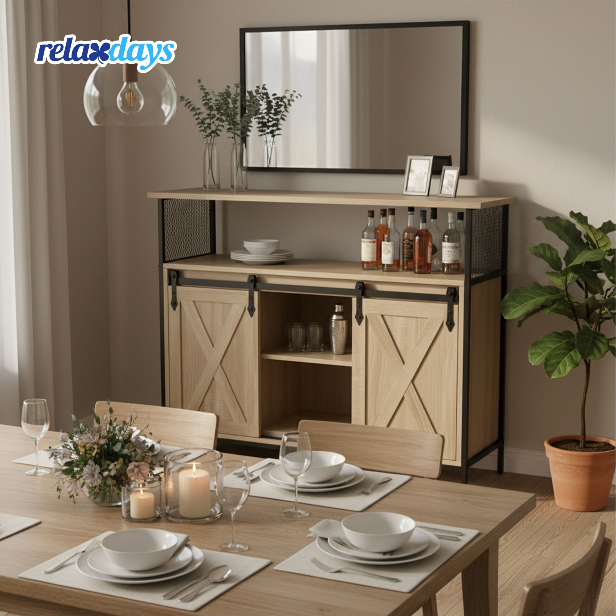 Sideboard mit Schiebetüren Hellbraun-Schwarz von Relaxdays