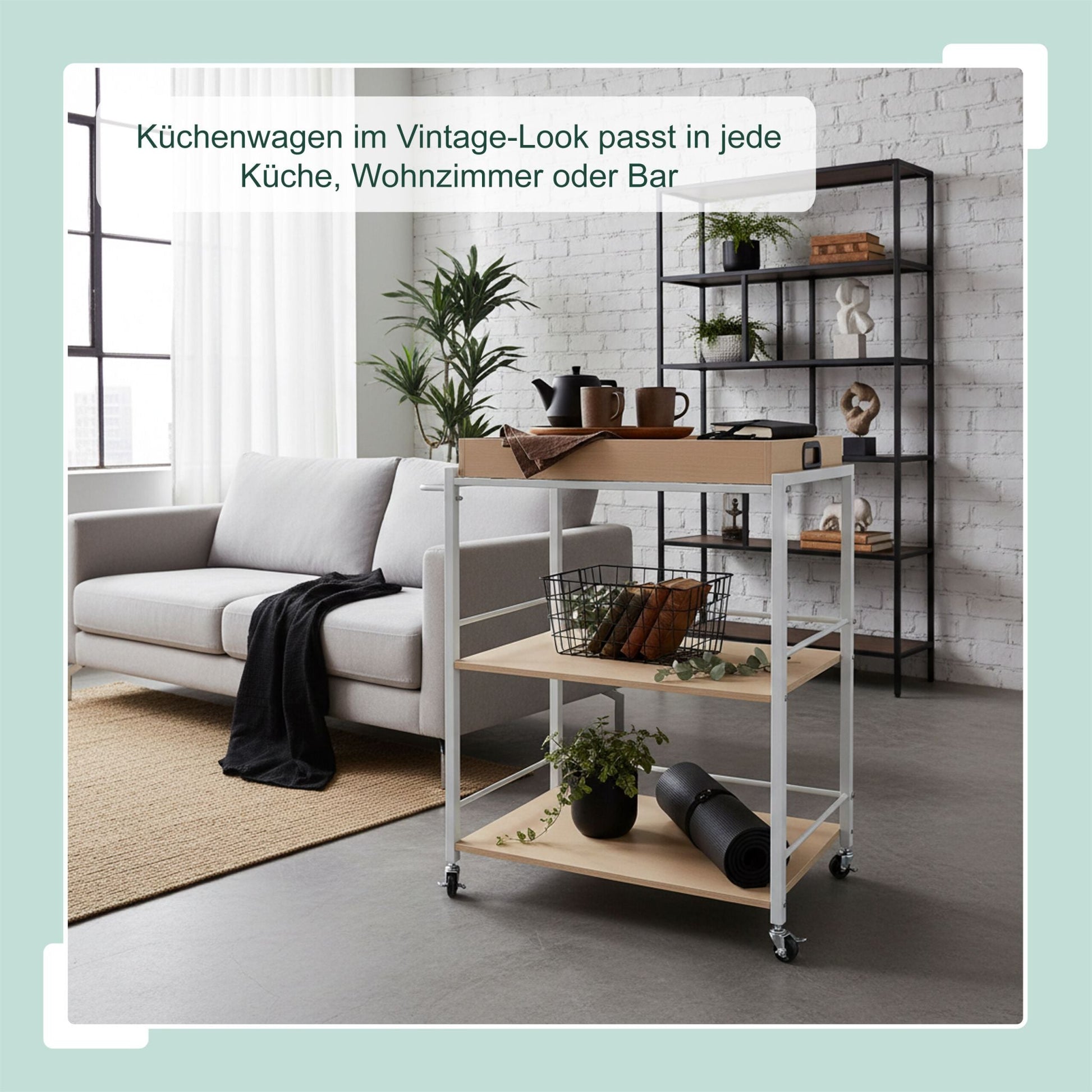 Servierwagen mit abnehmbarem Tablett Weiss-Hellbraun von Relaxdays