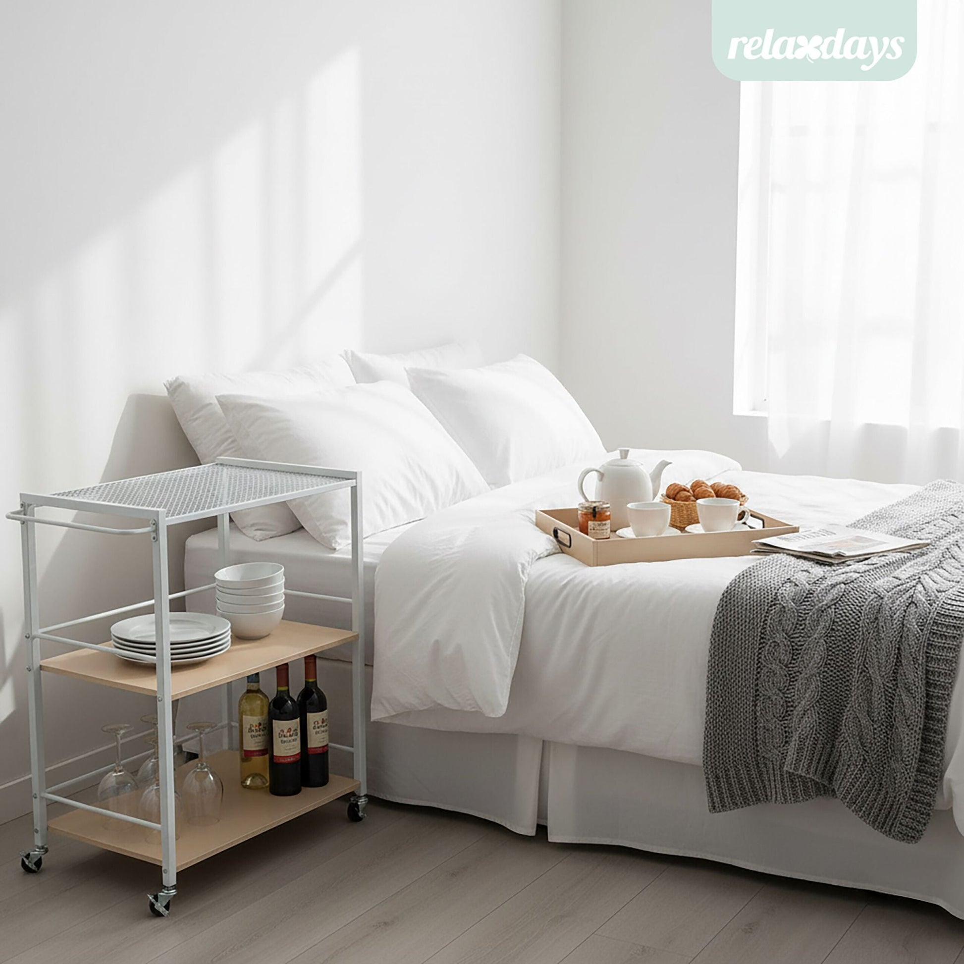 Servierwagen mit abnehmbarem Tablett Weiss-Hellbraun von Relaxdays