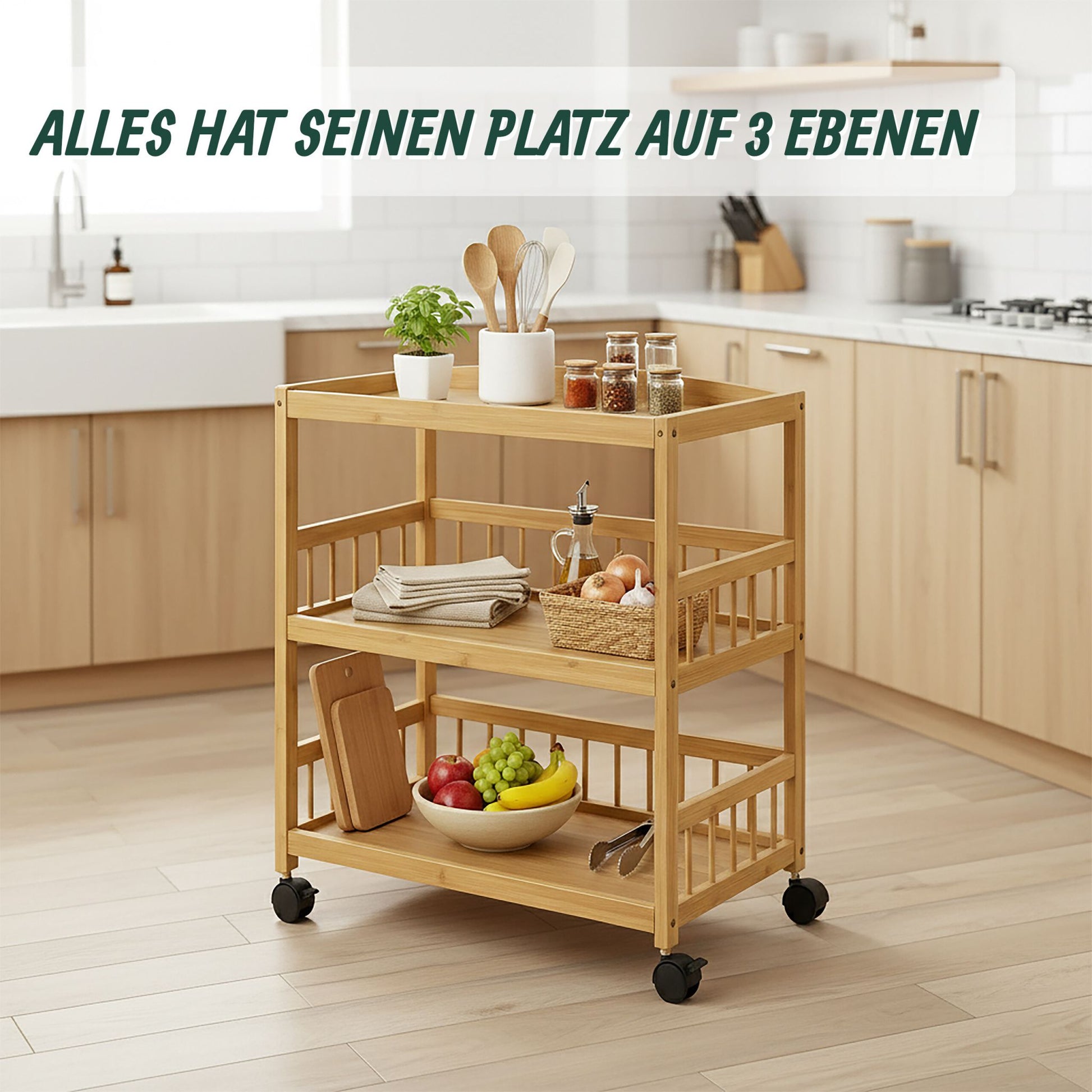 Küchenwagen mit 3 Ebenen Bambus Hellbraun-Schwarz von Relaxdays