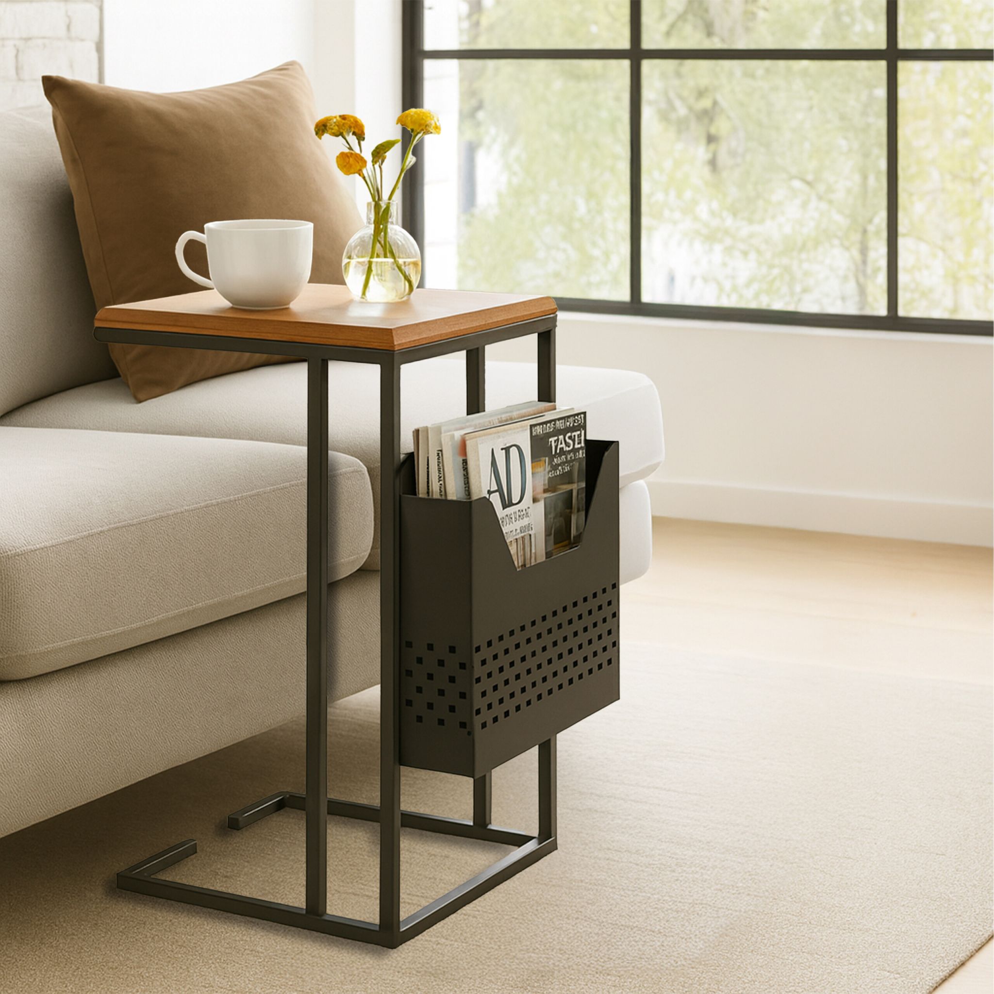Beistelltisch mit Zeitungsablage C-Form Hellbraun-Schwarz von Relaxdays