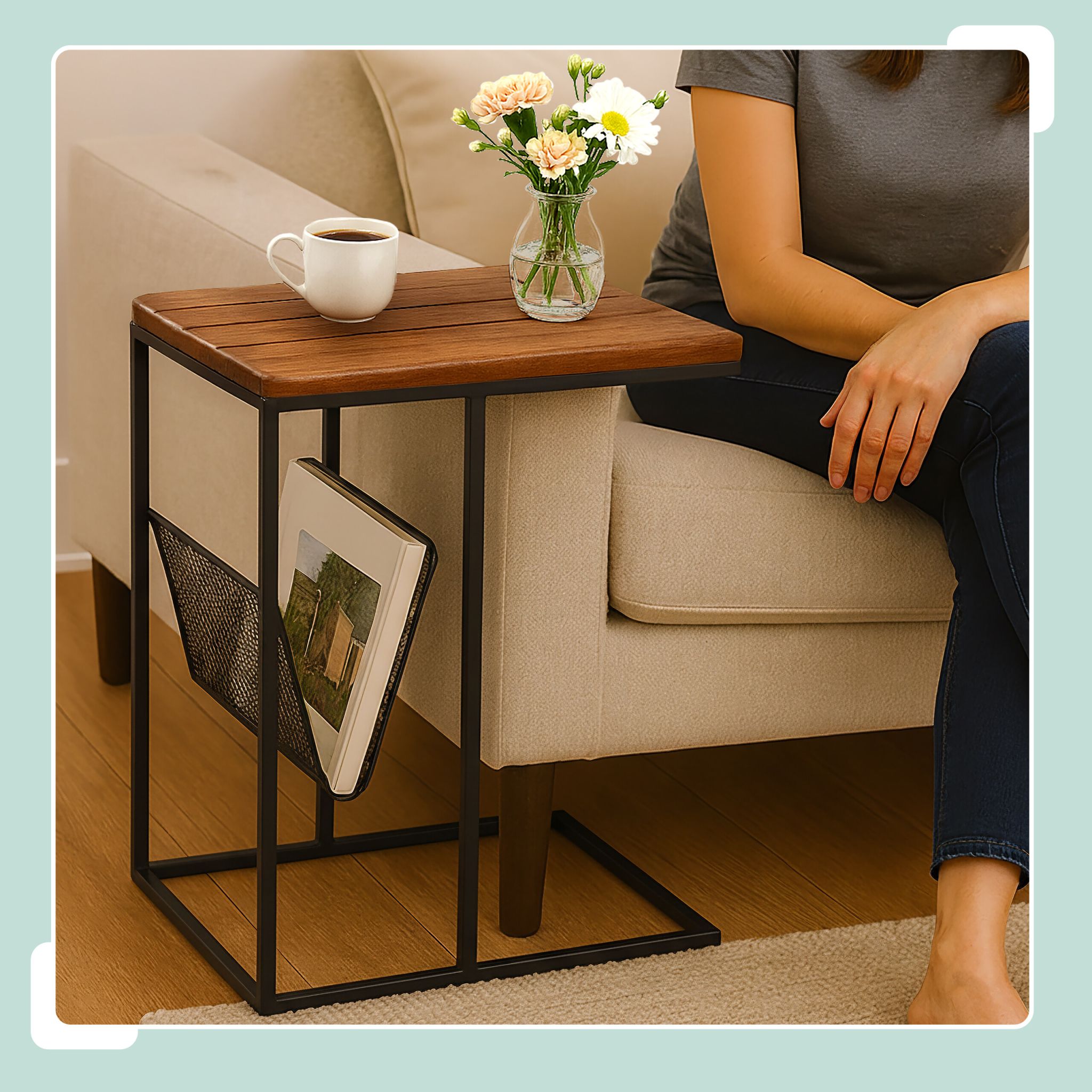 Beistelltisch mit Zeitungsablage C-Form Braun-Schwarz von Relaxdays