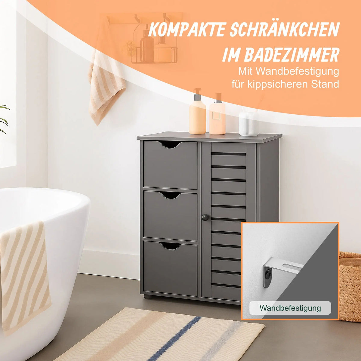 Badezimmerschrank mit 3 Schubladen Silber-Grau von Relaxdays