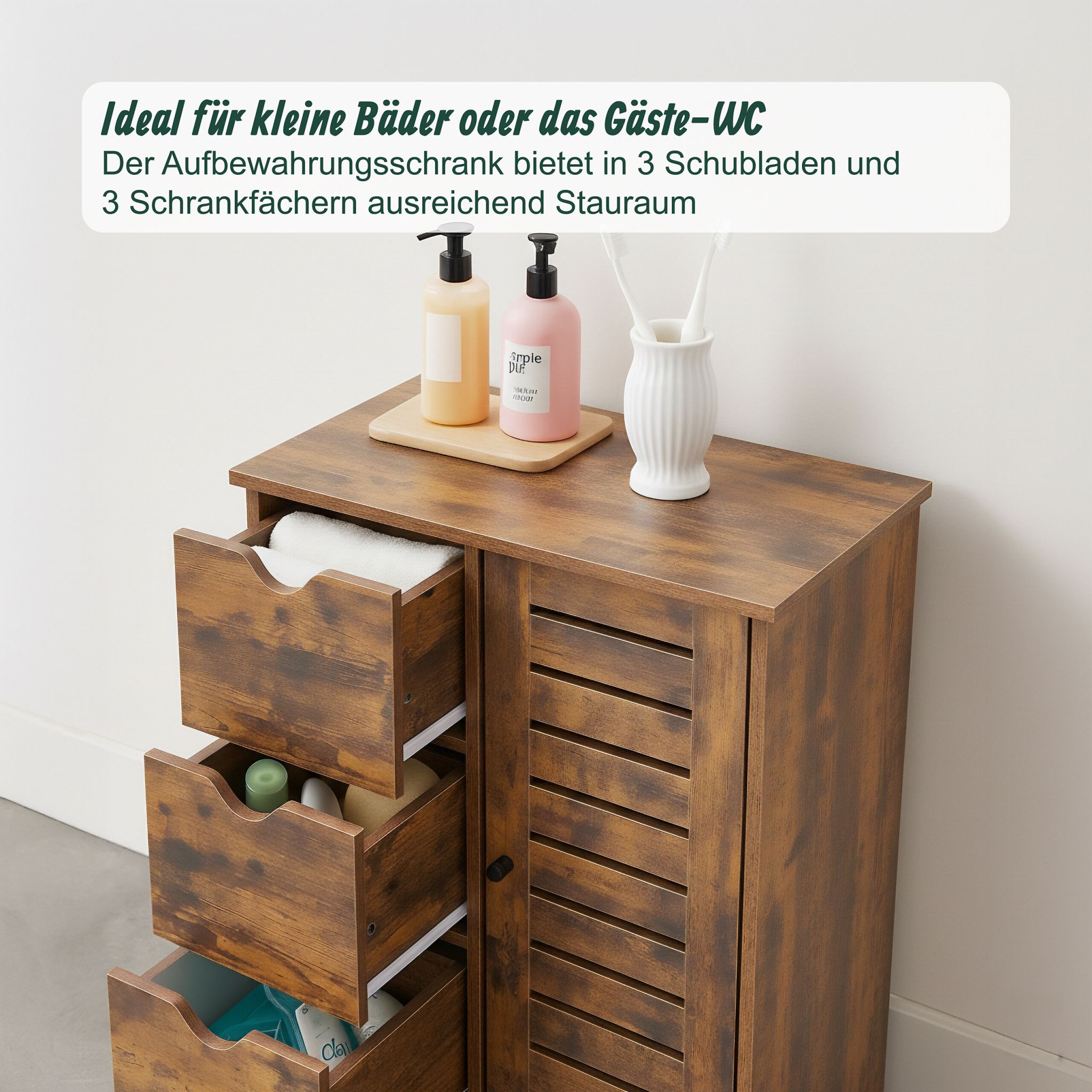 Badezimmerschrank mit 3 Schubladen Braun-Schwarz von Relaxdays