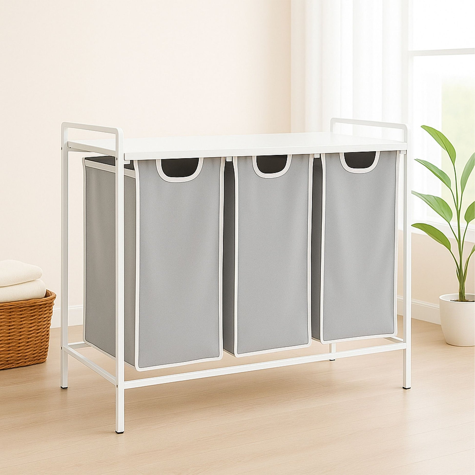 Wäschesammler 3 Fächer mit Ablage Weiss-Grau von Relaxdays