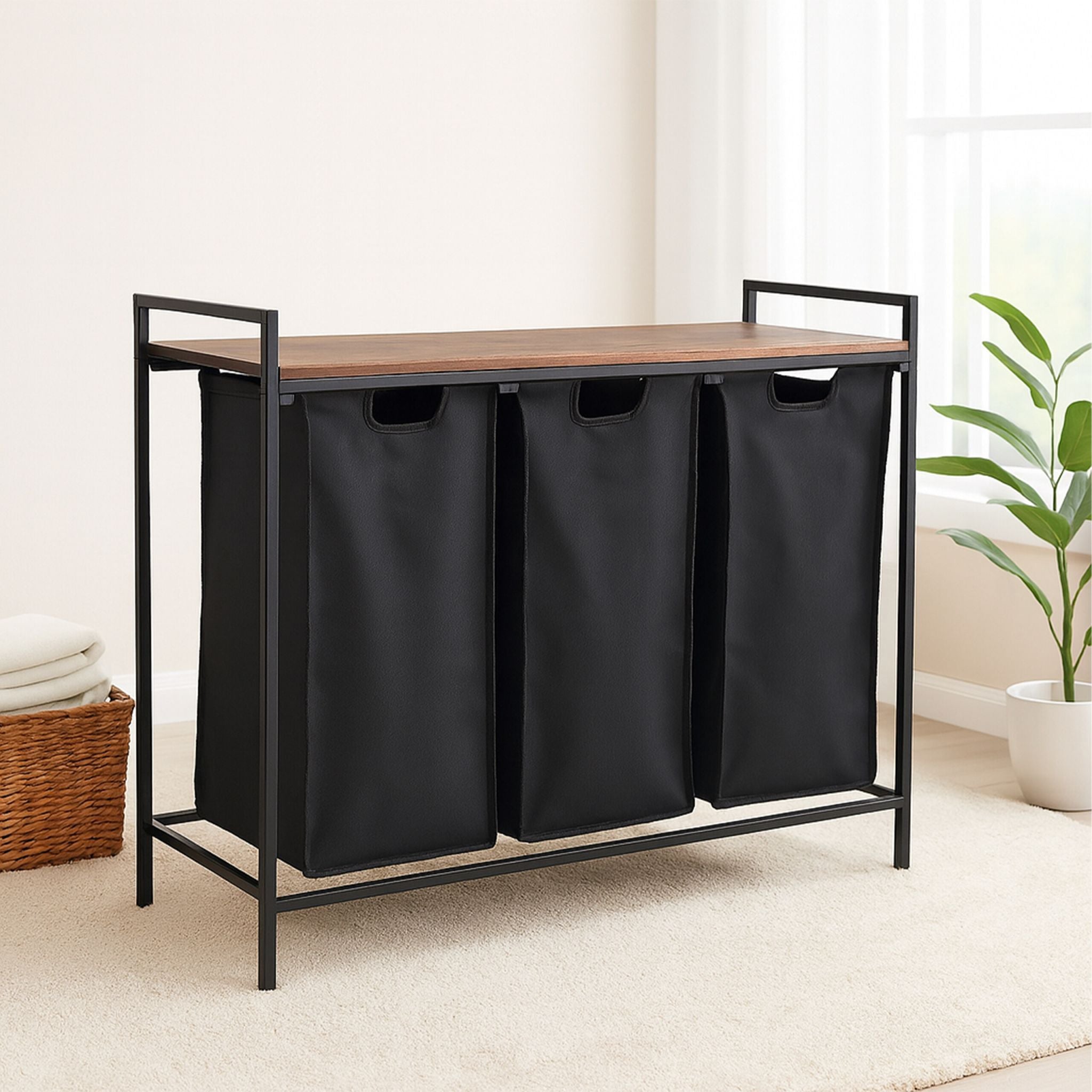 Wäschesammler 3 Fächer mit Ablage Braun-Schwarz von Relaxdays