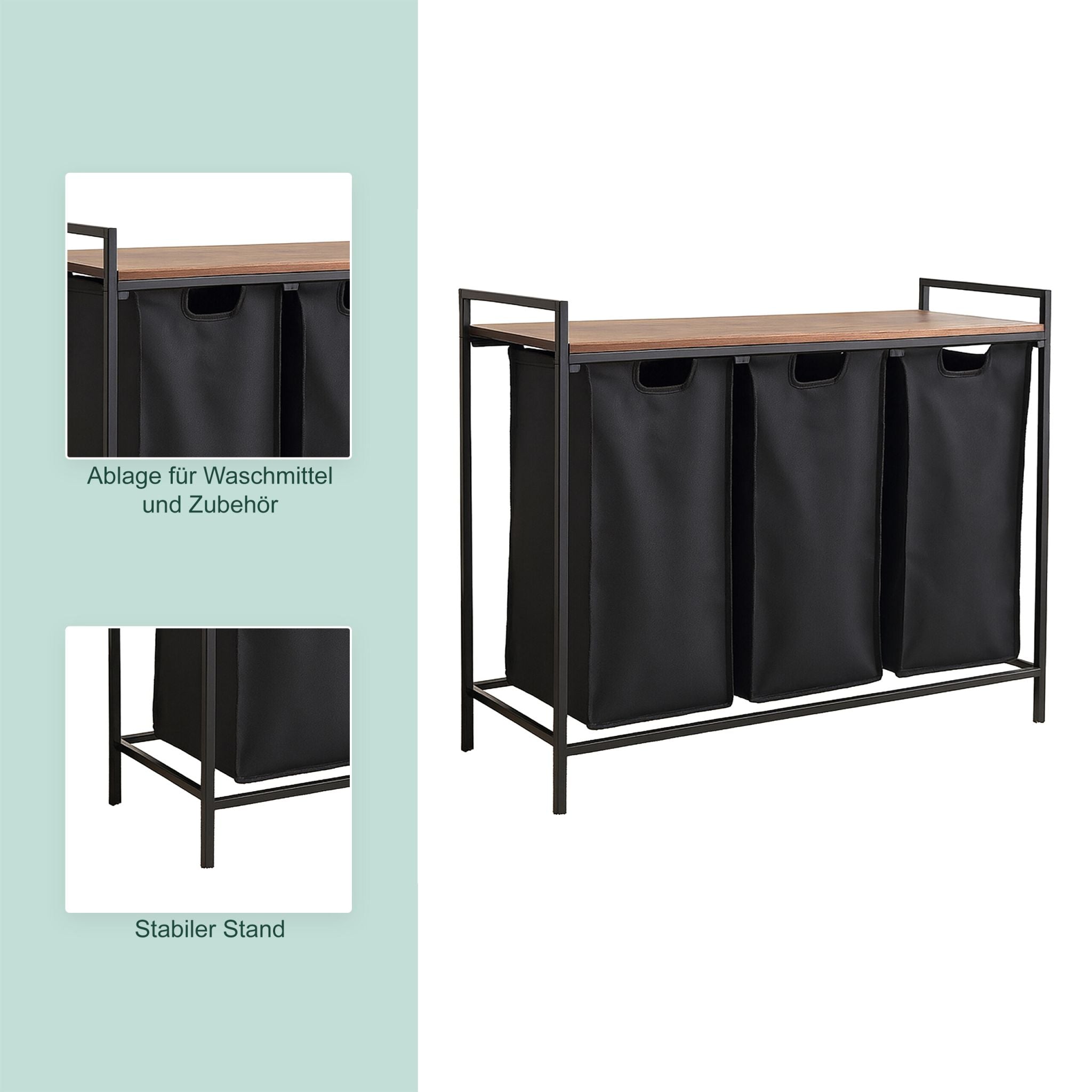 Wäschesammler 3 Fächer mit Ablage Braun-Schwarz von Relaxdays