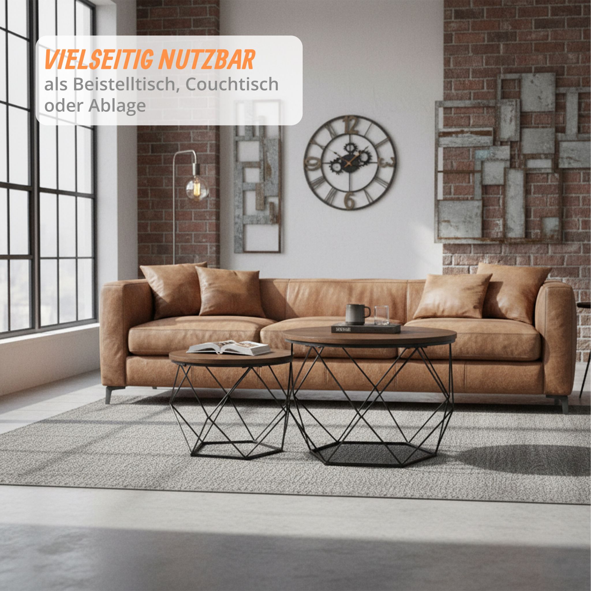 Couchtisch 2er-Set Industrial-Design Braun-Schwarz von Relaxdays