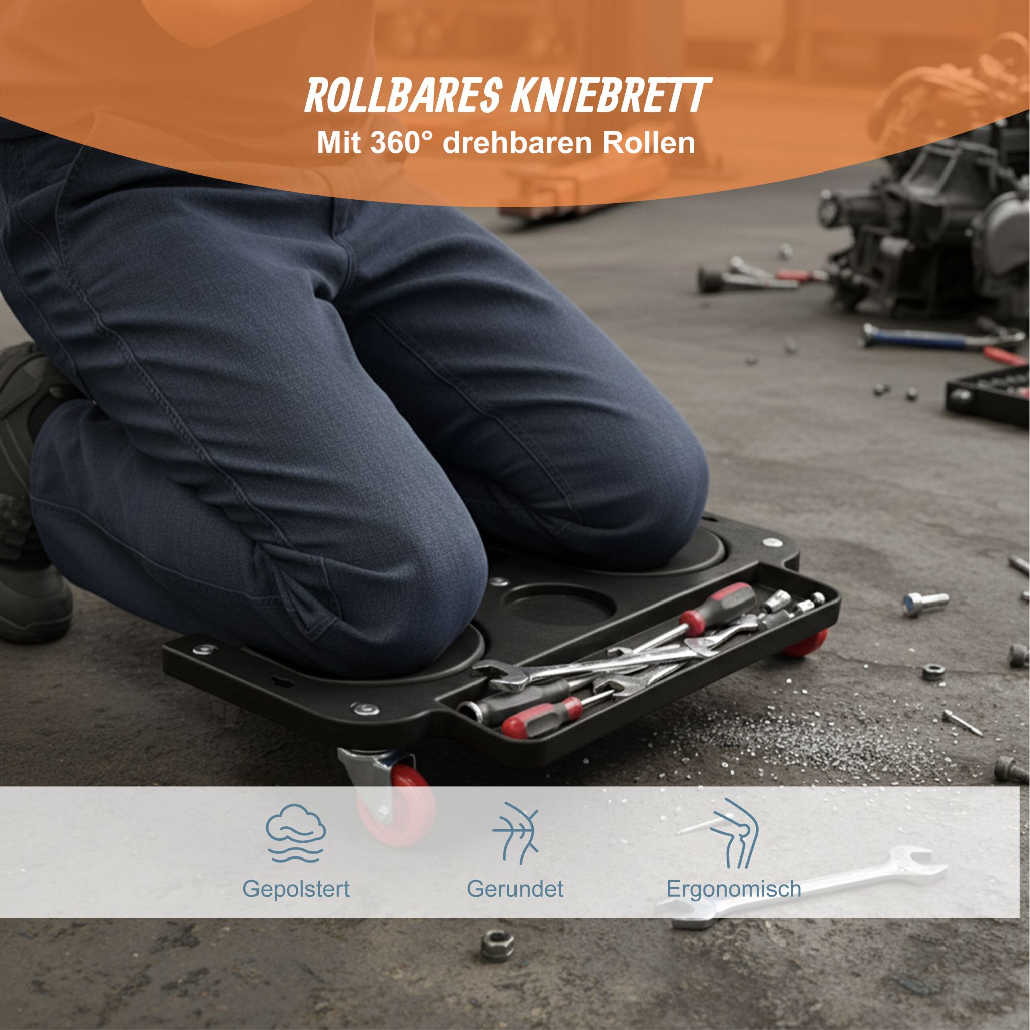 Knierollbrett mit Werkzeugablage Schwarz von Relaxdays