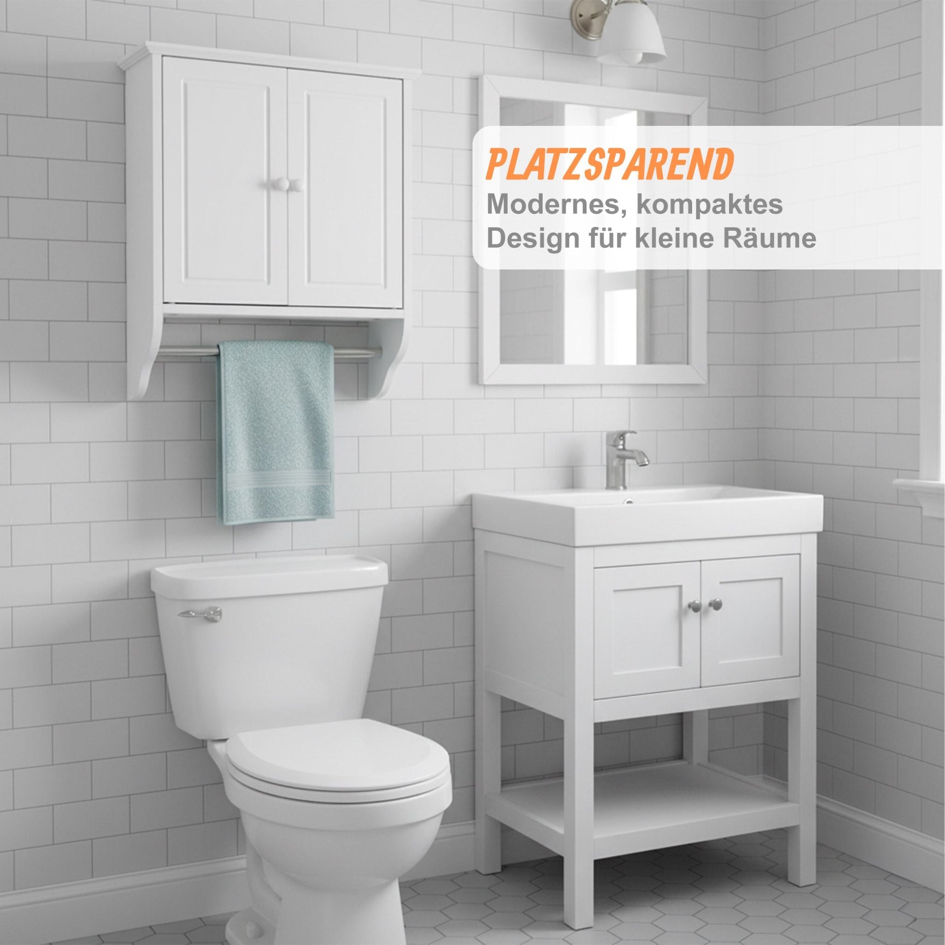 Hängeschrank Bad mit Handtuchstange Weiss-Silber von Relaxdays