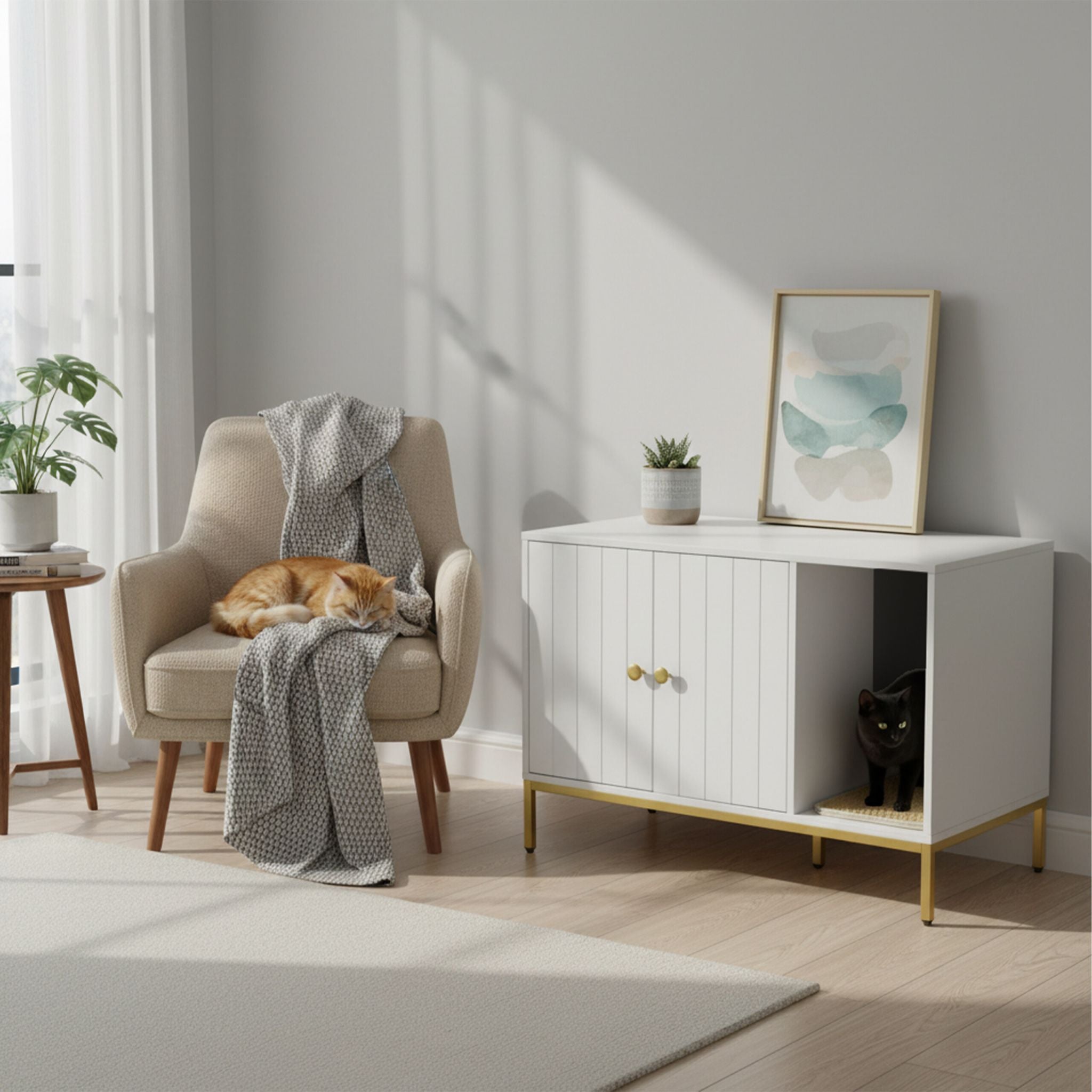 Katzenschrank für Katzenklo Weiss-Gold von Relaxdays