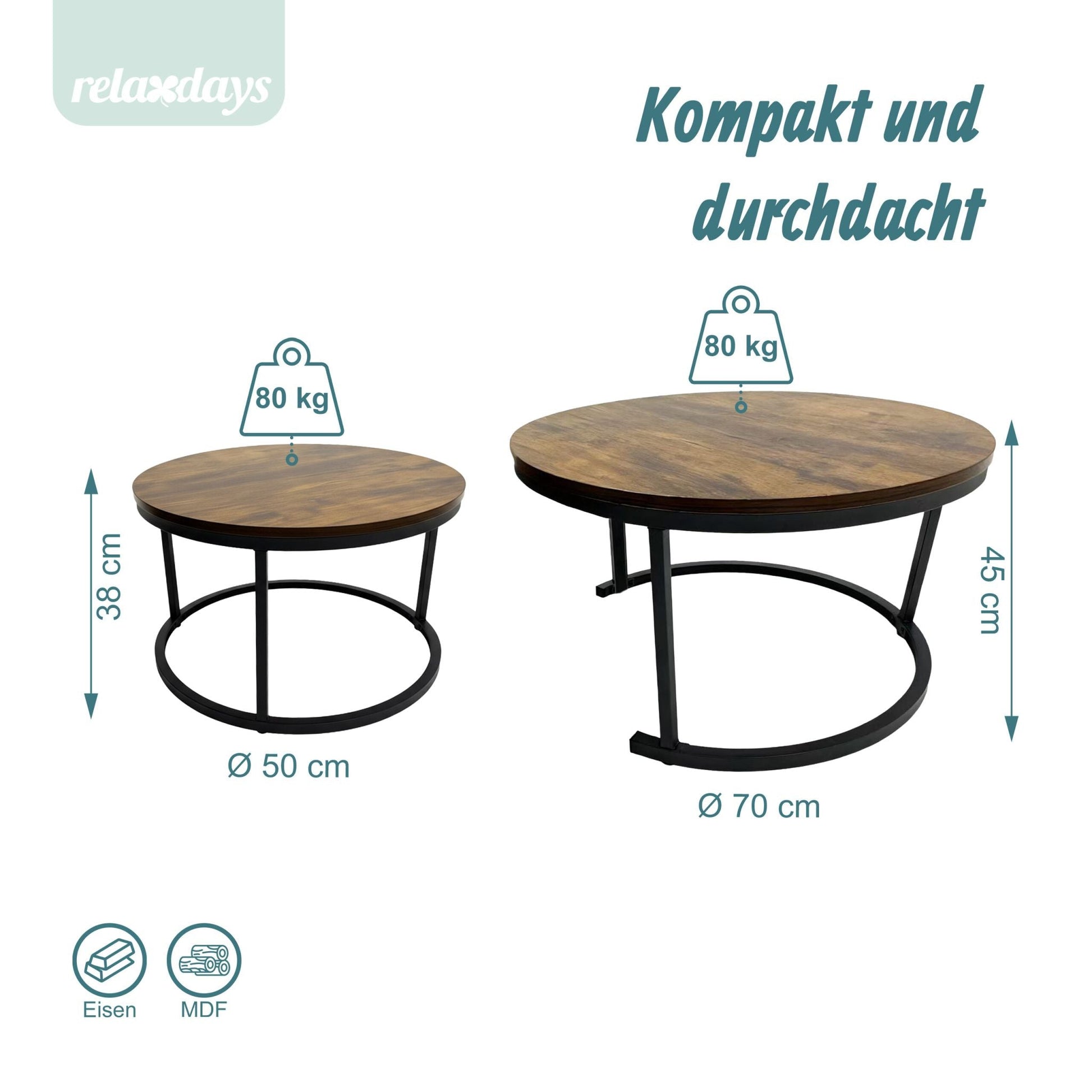 Satztisch 2er-Set Industrial Design Braun-Schwarz von Relaxdays