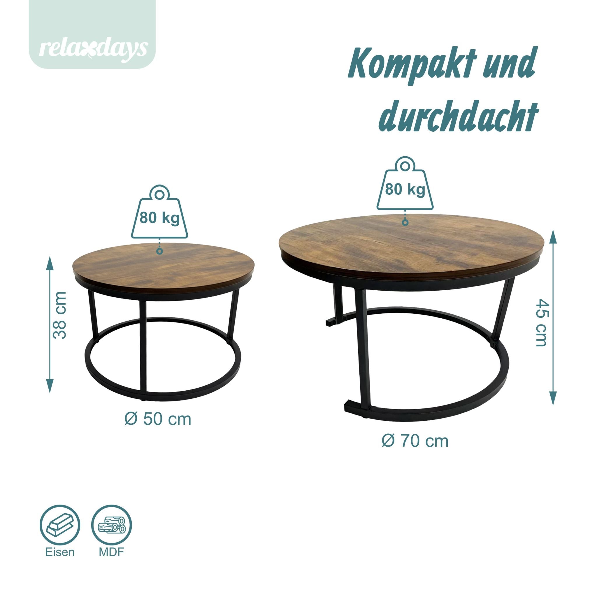 Satztisch 2er-Set Industrial Design Braun-Schwarz von Relaxdays