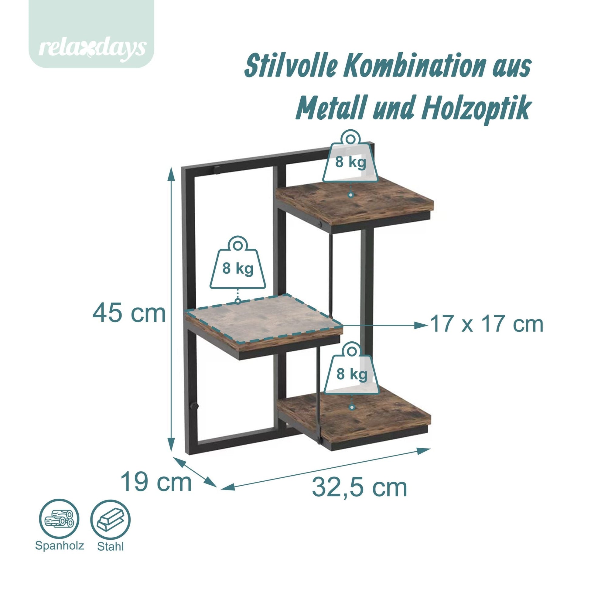 Wandregal Industrial-Design Braun-Schwarz von Relaxdays