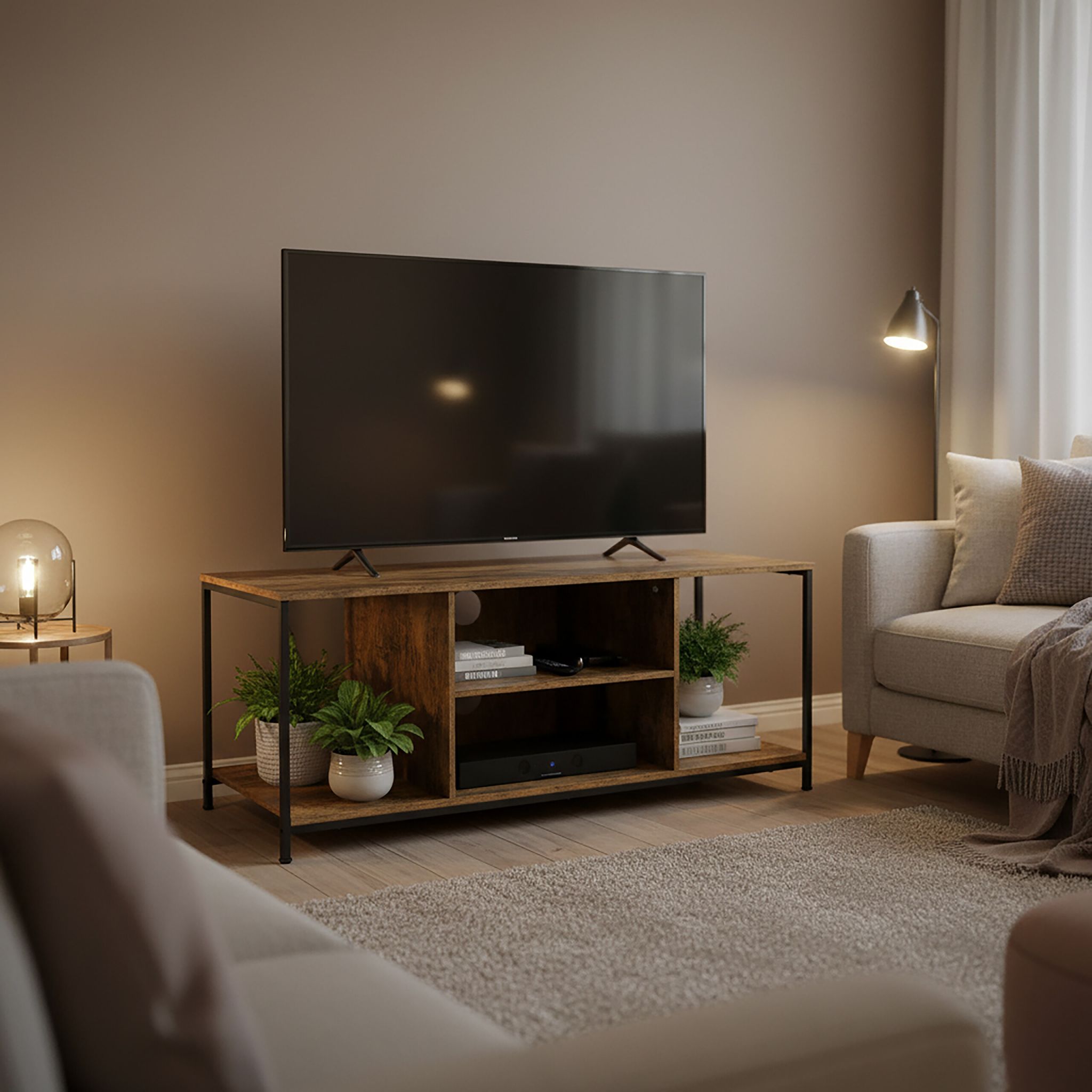 TV Lowboard 4 Fächer Braun-Schwarz von Relaxdays