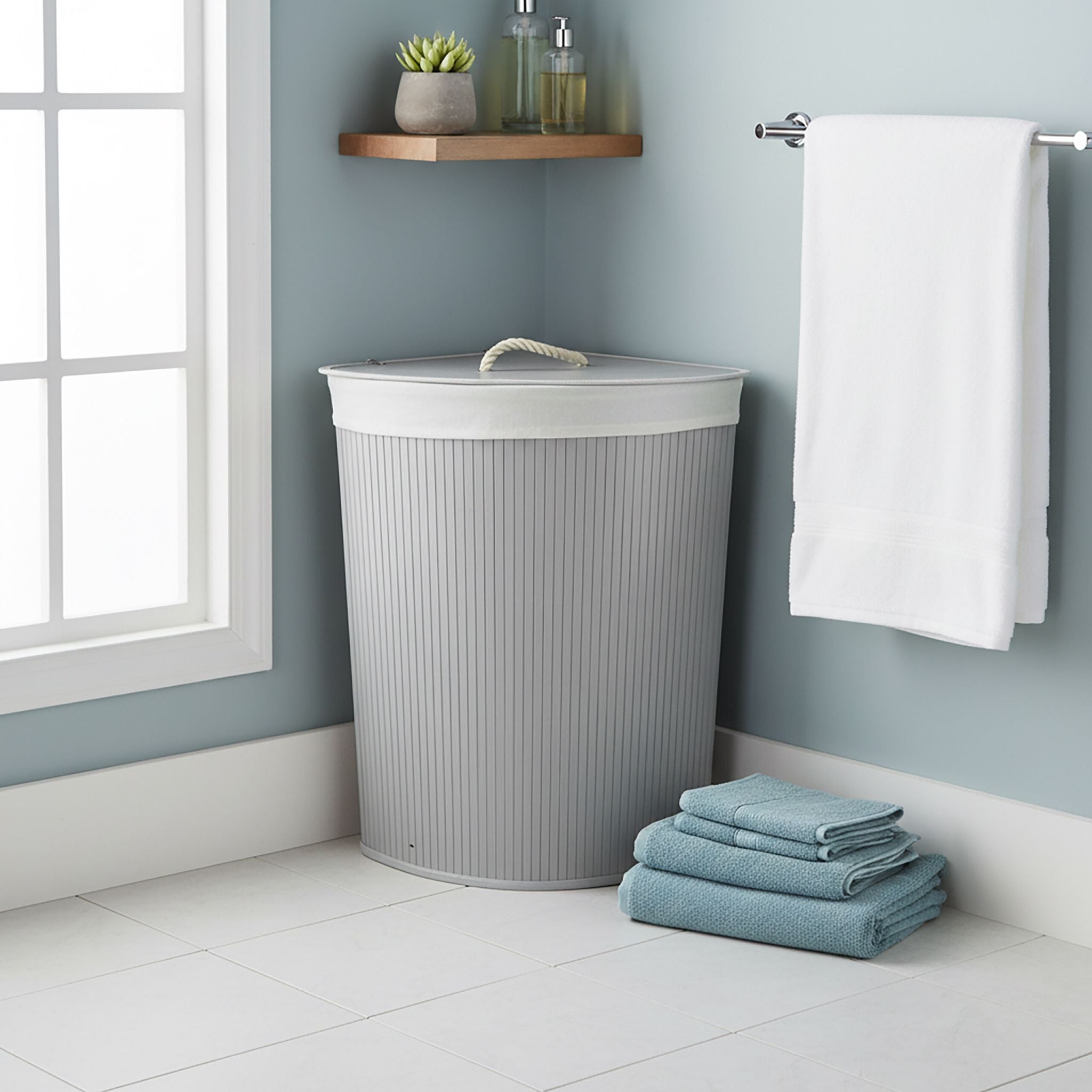 Eckwäschekorb mit Deckel Bambus Weiss-Grau von Relaxdays