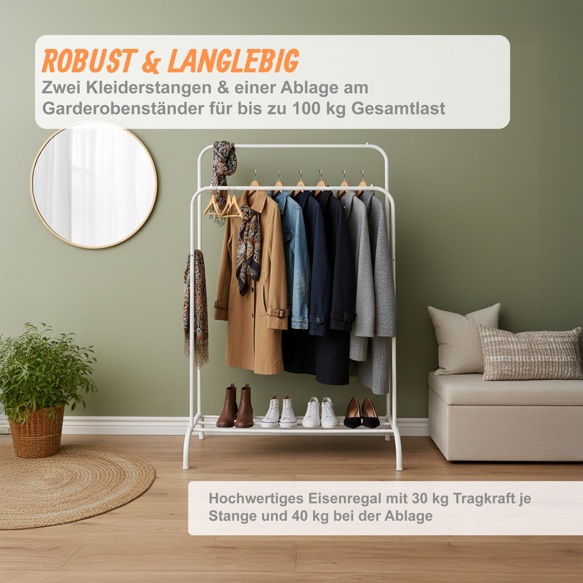 Kleiderständer mit 2 Stangen und Ablage Weiss von Relaxdays