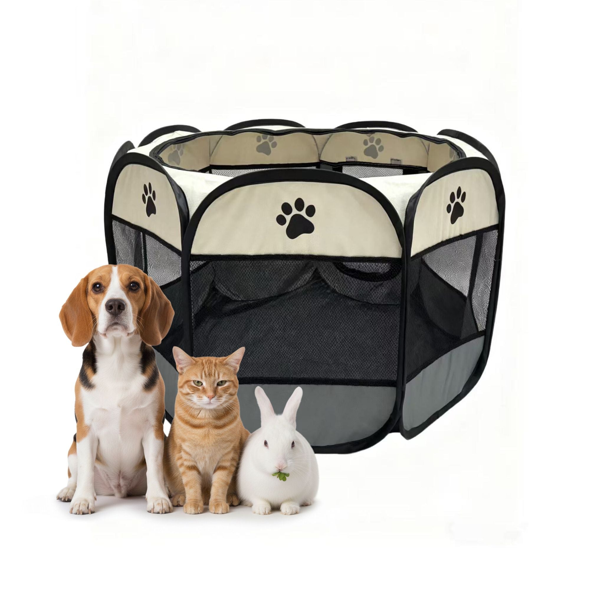 Faltbarer Welpenauslauf indoor & outdoor Creme-Schwarz-Grau von Relaxdays
