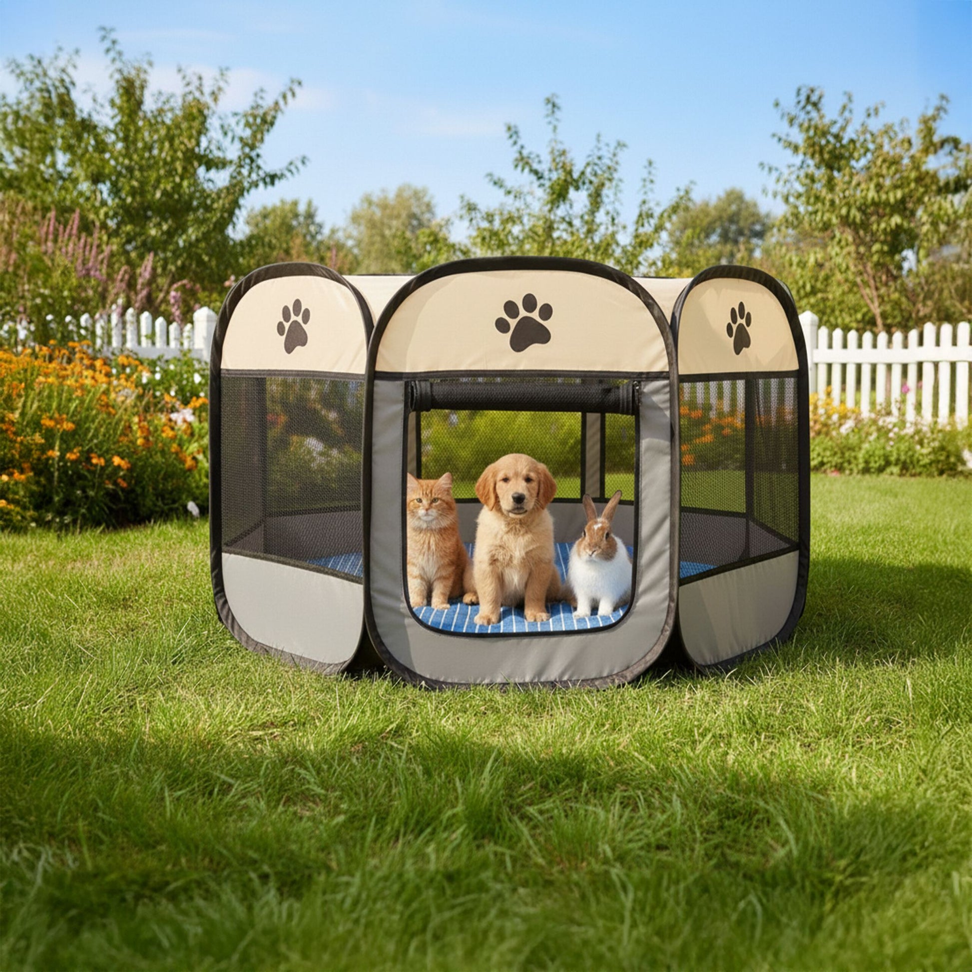 Faltbarer Welpenauslauf indoor & outdoor Creme-Schwarz-Grau von Relaxdays