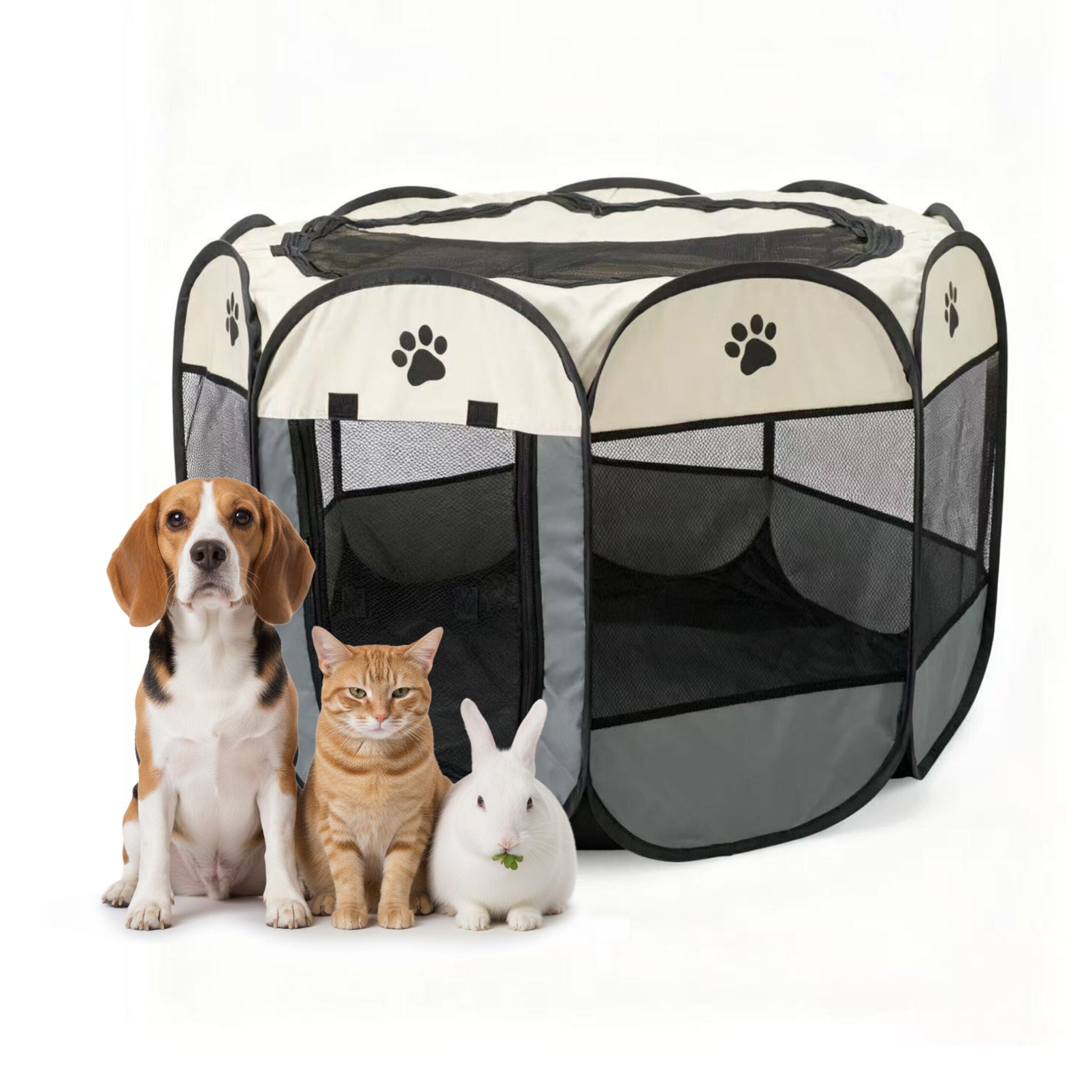 Faltbarer Welpenauslauf indoor & outdoor Creme-Schwarz-Grau von Relaxdays